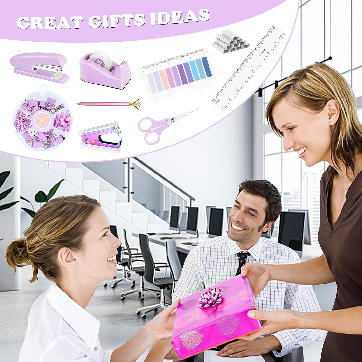 Juego de accesorios de escritorio de color morado, grapadora de lavanda y dispensador de cinta para mujeres, empleados de oficina, escuela,