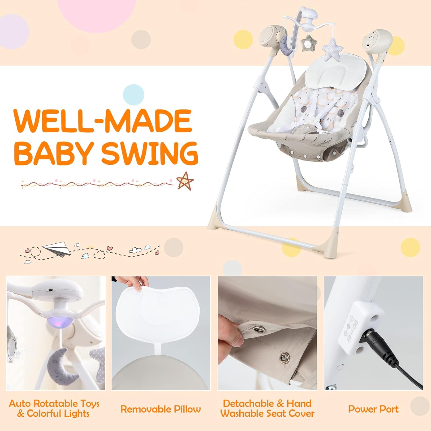 BABY JOY Columpios de bebé para bebés, balancín portátil para bebés con 5 velocidades de oscilación, respaldo ajustable de 3 posiciones, 3 ajustes