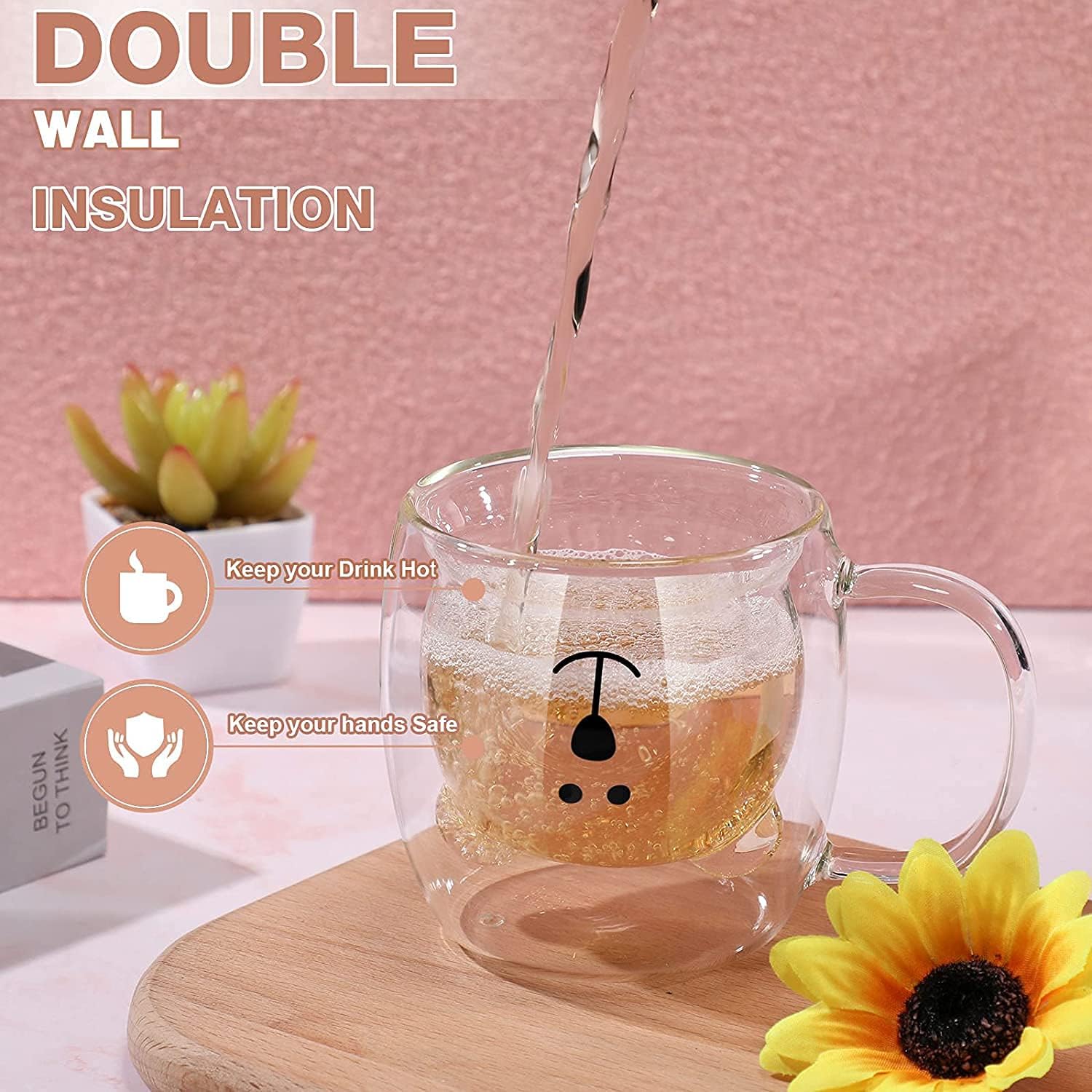 Tazas de café de oso de vidrio, capacidad de 8 onzas, 8.5 fl oz, aislamiento de doble pared, lindas tazas de café para niños, leche, cerveza para