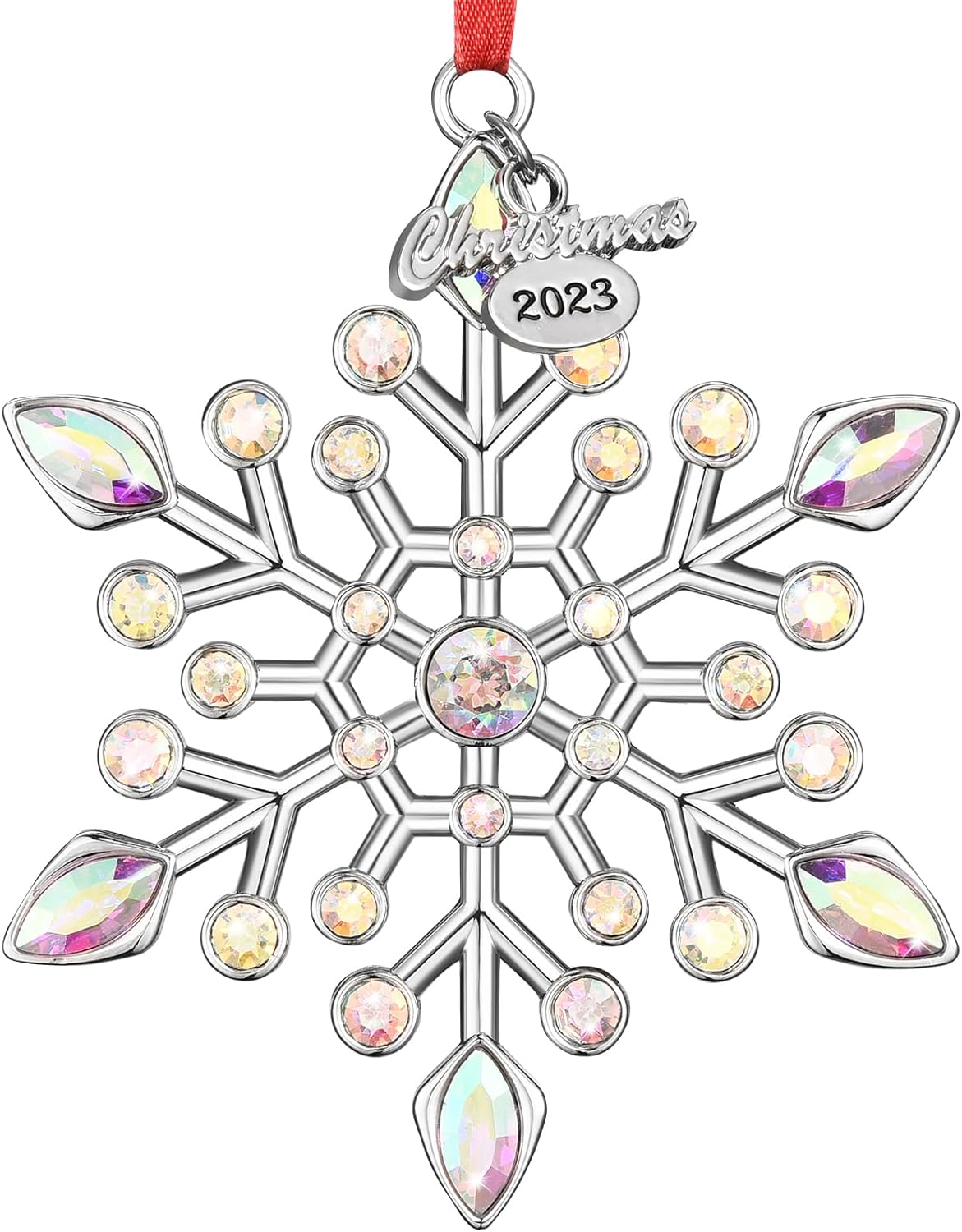 Venhoo Adornos navideños de copo de nieve 2023, diamantes de imitación metálicos colgantes con purpurina, copos de nieve, decoración de árbol de