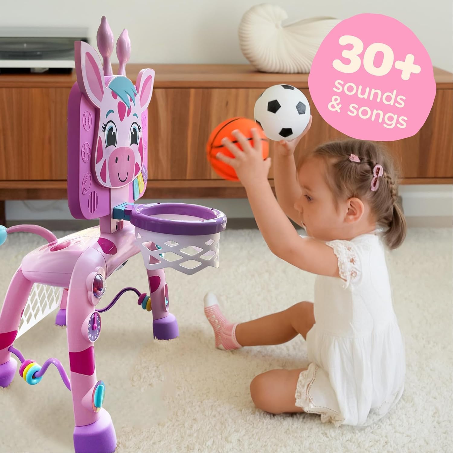 Move2Play, Giraffe Basketball Hoop & Soccer Goal Activity Center  30+ Sounds & Songs + 5 Lights  1 2 3 Year Old Birthday Gift for Boys and Girls
