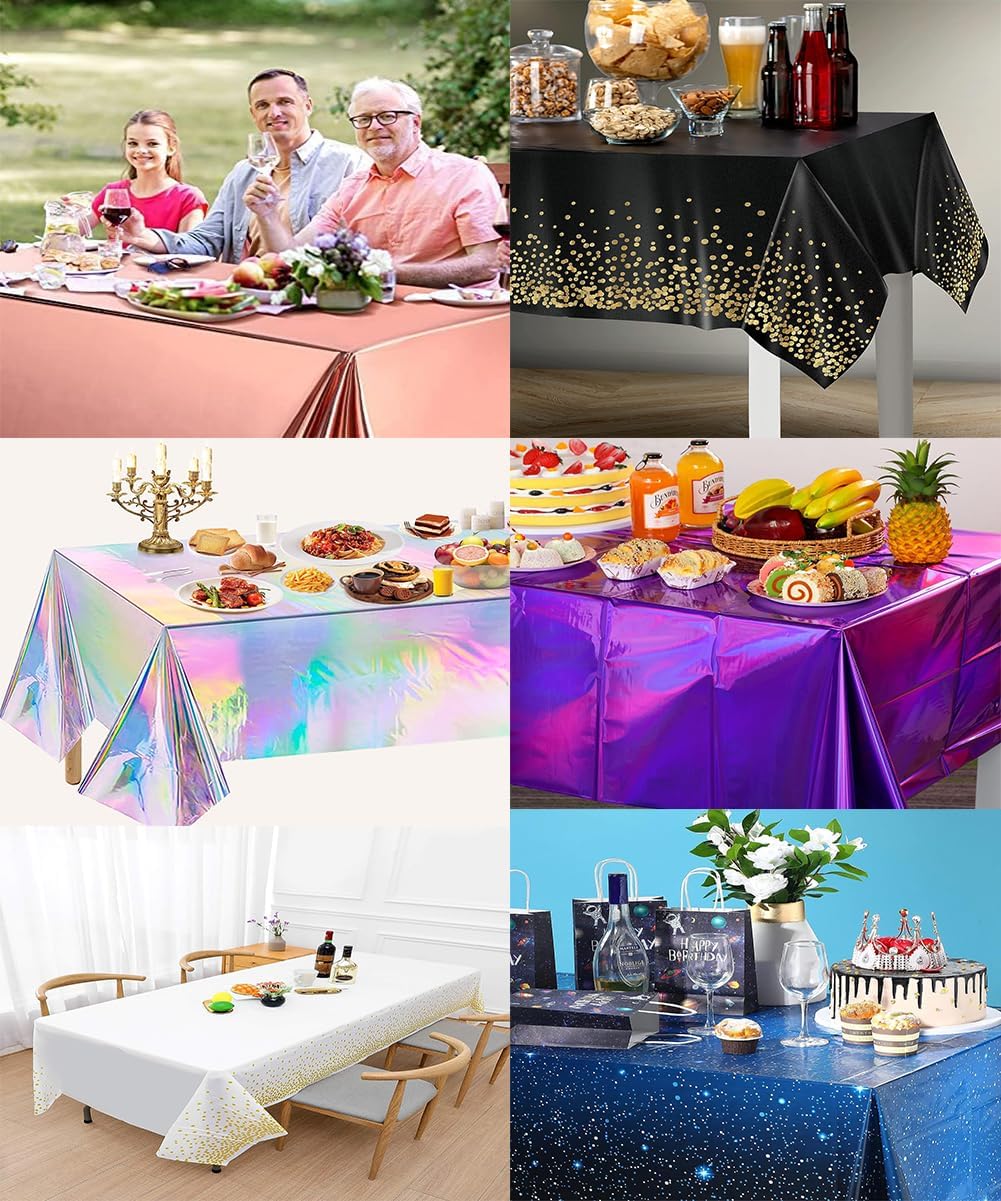 Nimrobry Pack of 6 Iridescence Tablecloths Plastic Shiny Disposable Laser Table Covers Rectangle Holographic Foil Tablecloth Waterproof for Wedding
