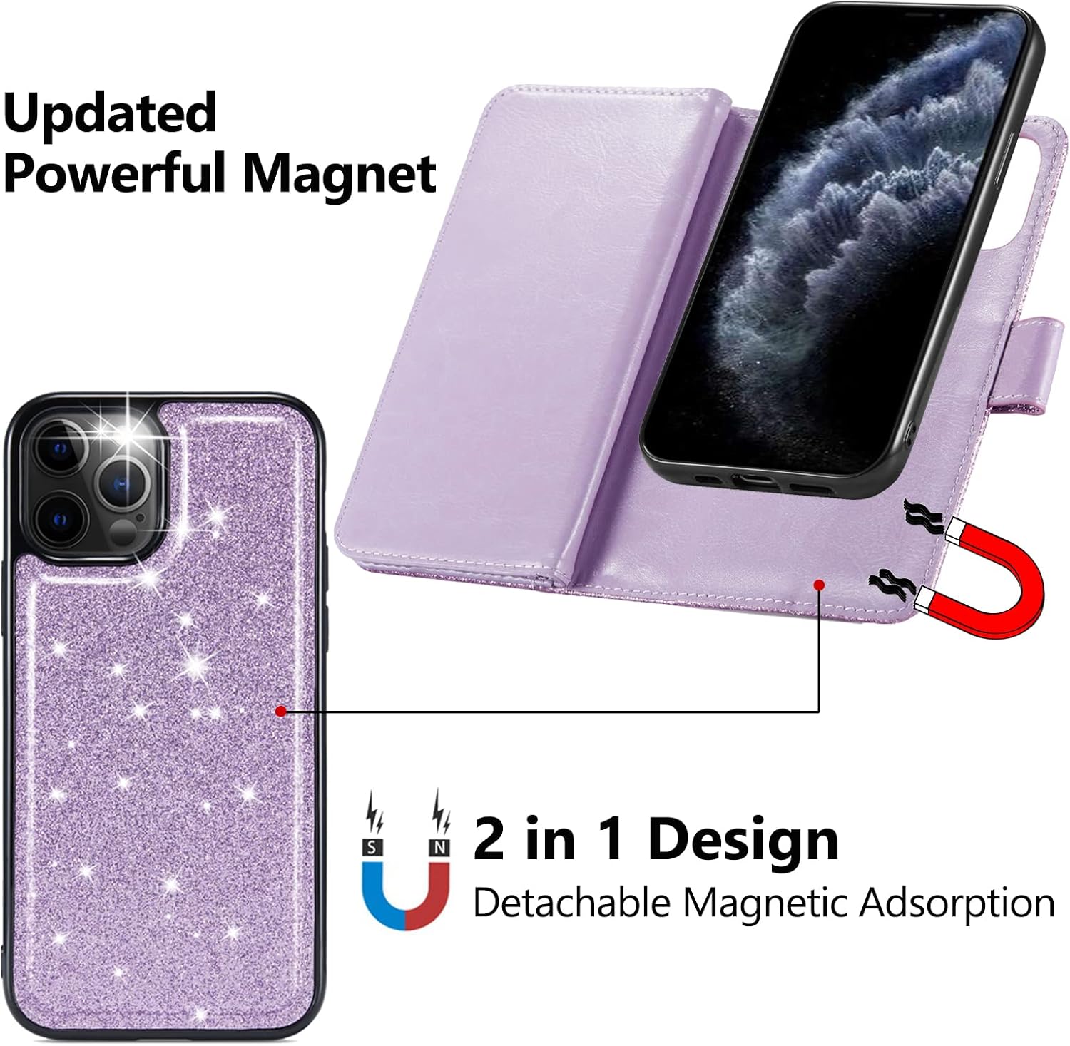 Varikke Funda tipo cartera para iPhone 11 Pro Max, funda magnética desmontable para mujer con tarjetero y soporte y correa para la muñeca, se adapta