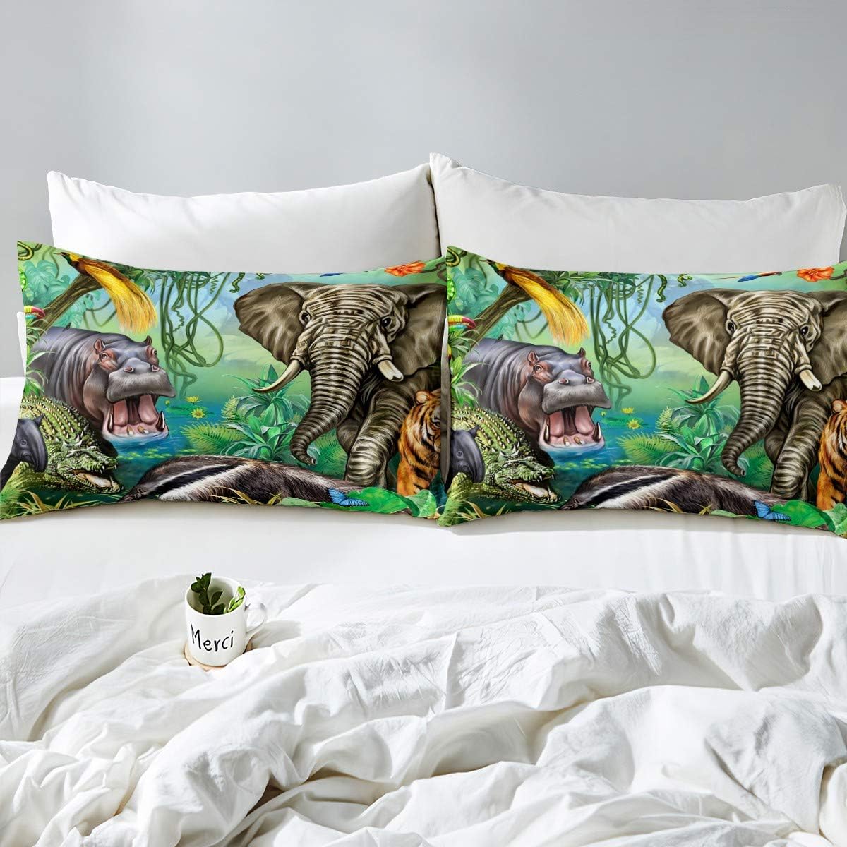Juego de funda de cama con estampado de animales de la selva, tamaño Queen, diseño de cocodrilo, hipopótamo, elefante, tigre, safari, africano,