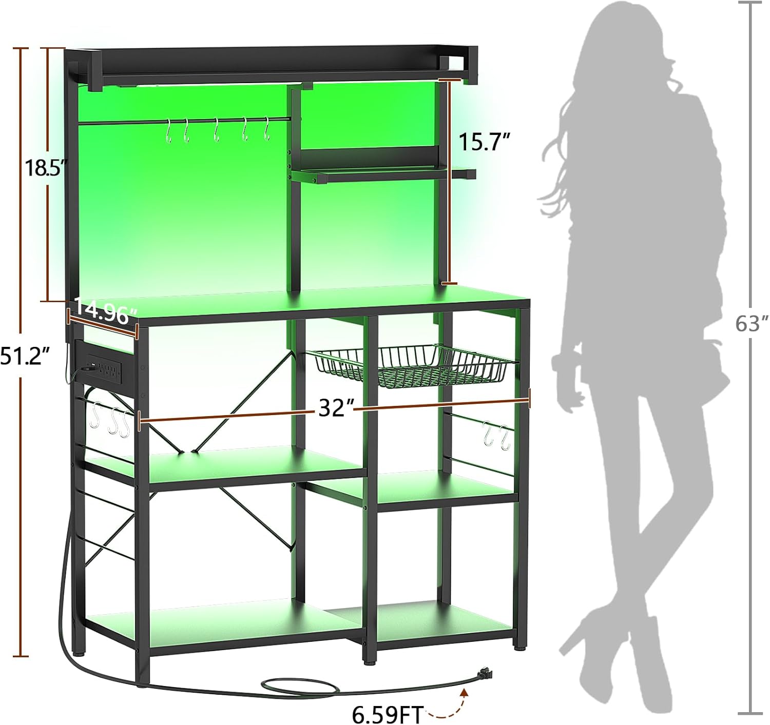 Aheaplus Estante para panaderos con toma de corriente y cuerdas de luz LED, soporte para horno de microondas, estante de almacenamiento de cocina