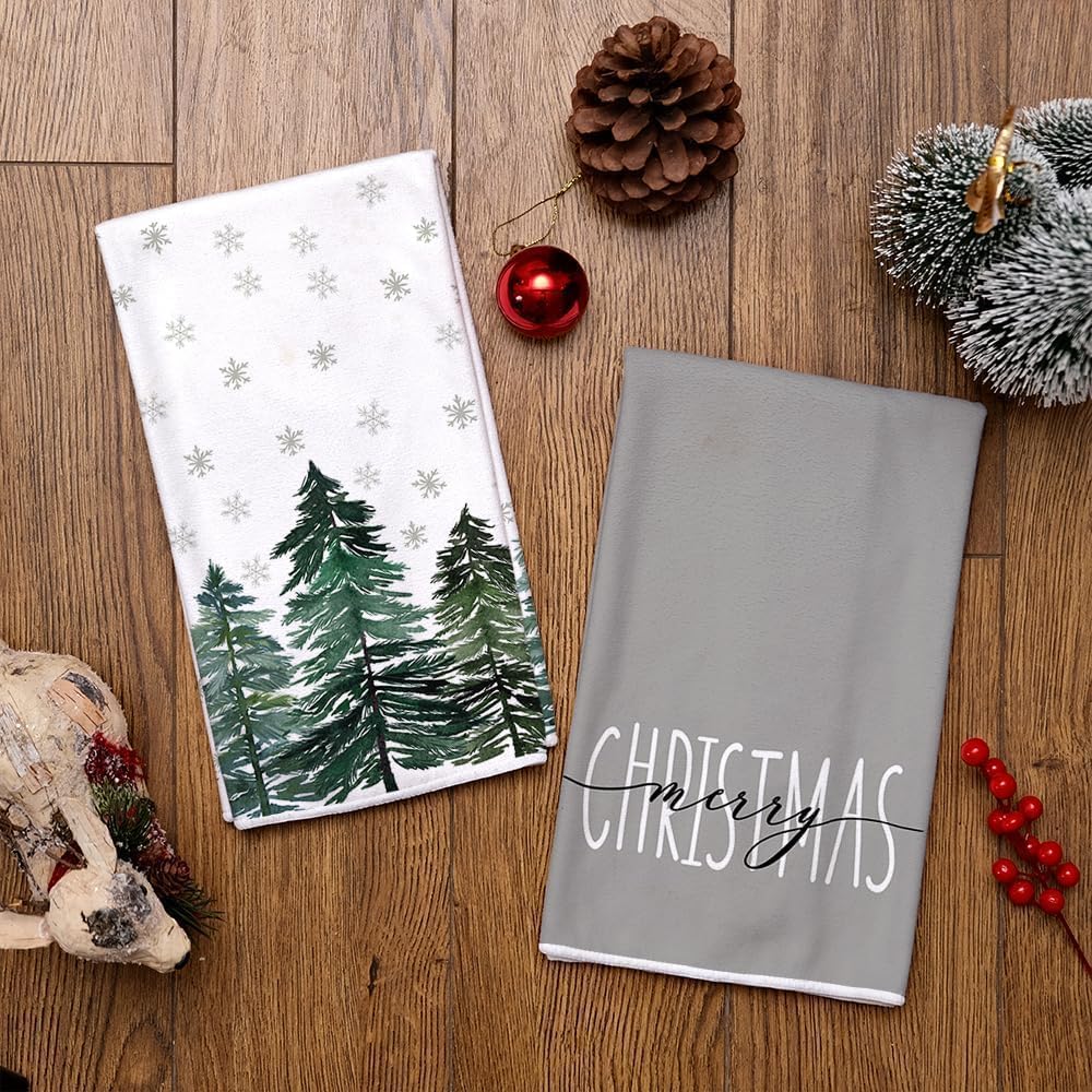 ARKENY AD016 – Juego de 2 paños de cocina para decoración de Navidad, color verde, árbol de Navidad, 18 x 26 pulgadas, diseño de copos de nieve,