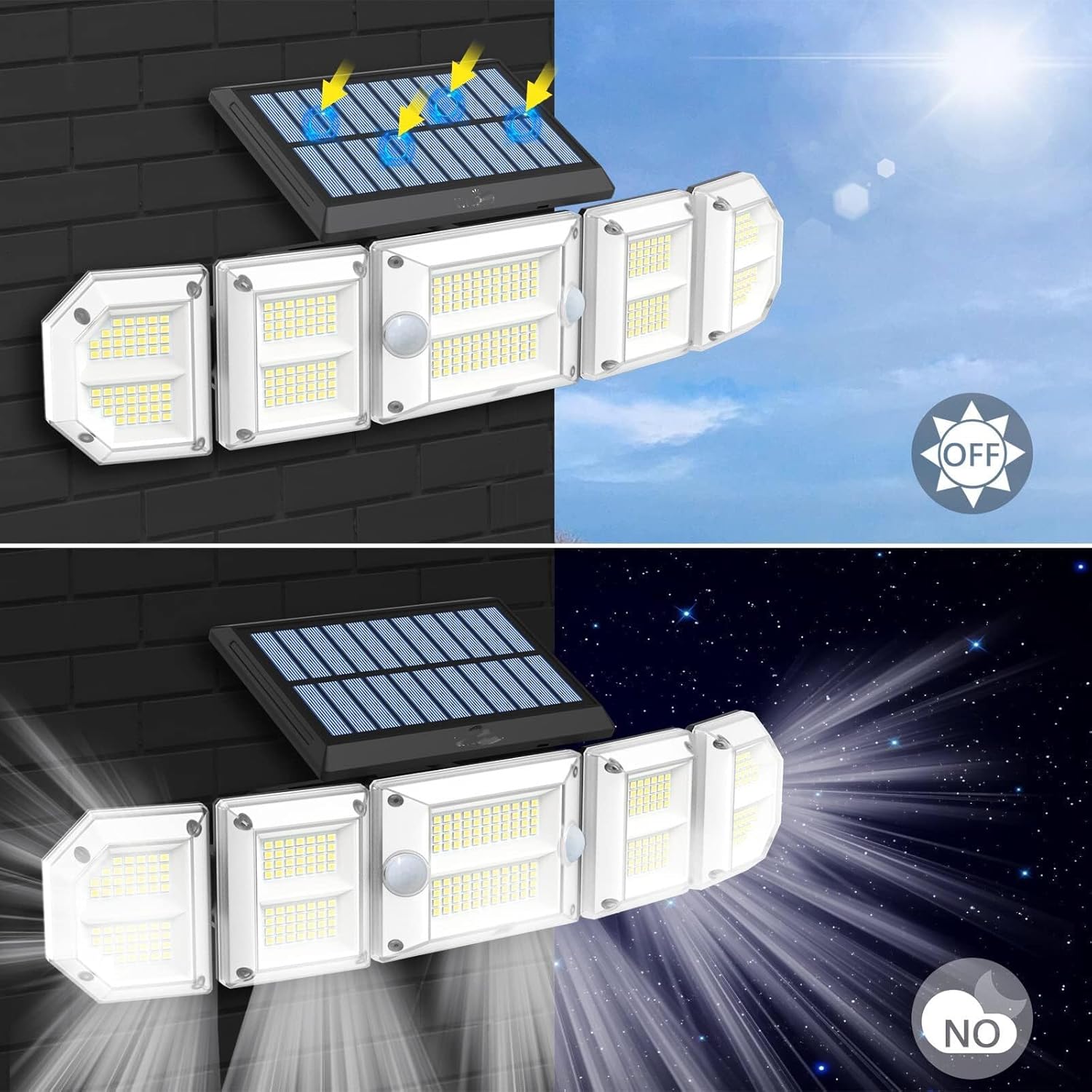 Luces solares para exteriores con sensor de movimiento para exteriores, luces de seguridad de 5 cabezales, funciona con energía solar, 300 luces LED