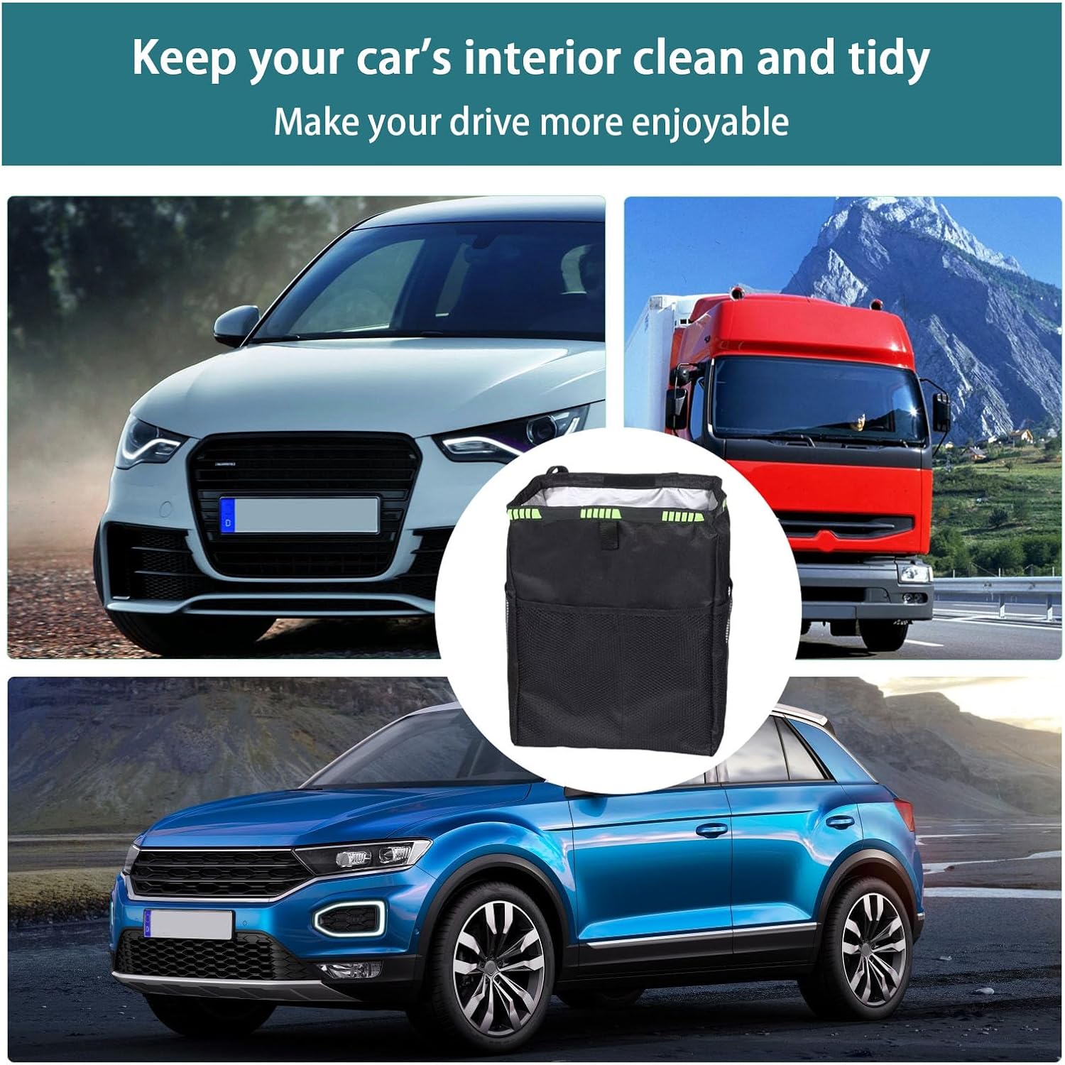 Cubo de basura colgante para automóvil con bolsas de almacenamiento, impermeable, a prueba de fugas, plegable, con correas ajustables, organizador