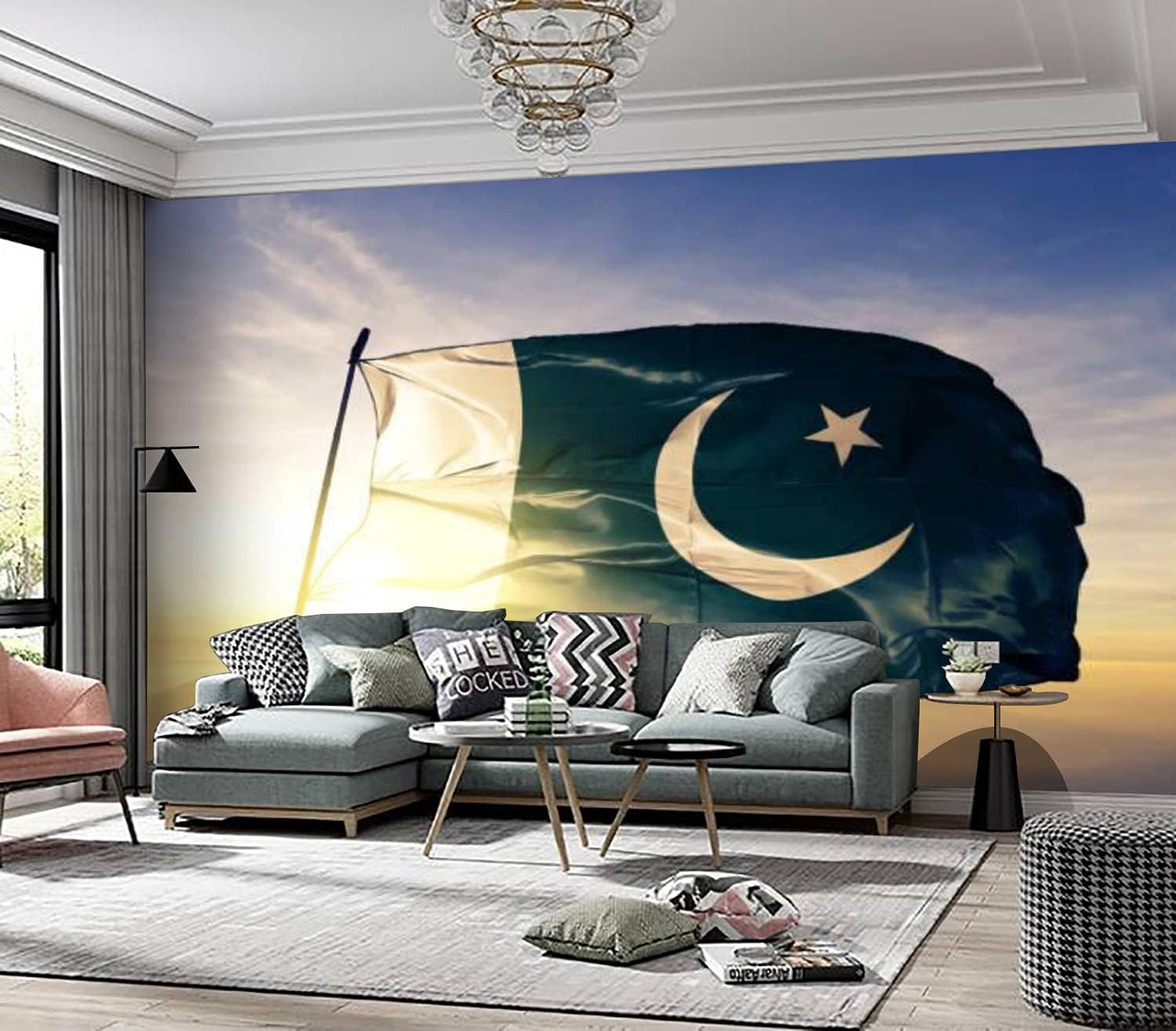 Papel pintado mural adhesivo de la bandera paquistaní paquistaní tela textil de tela ondeando en la parte superior del amanecer autoadhesivo,