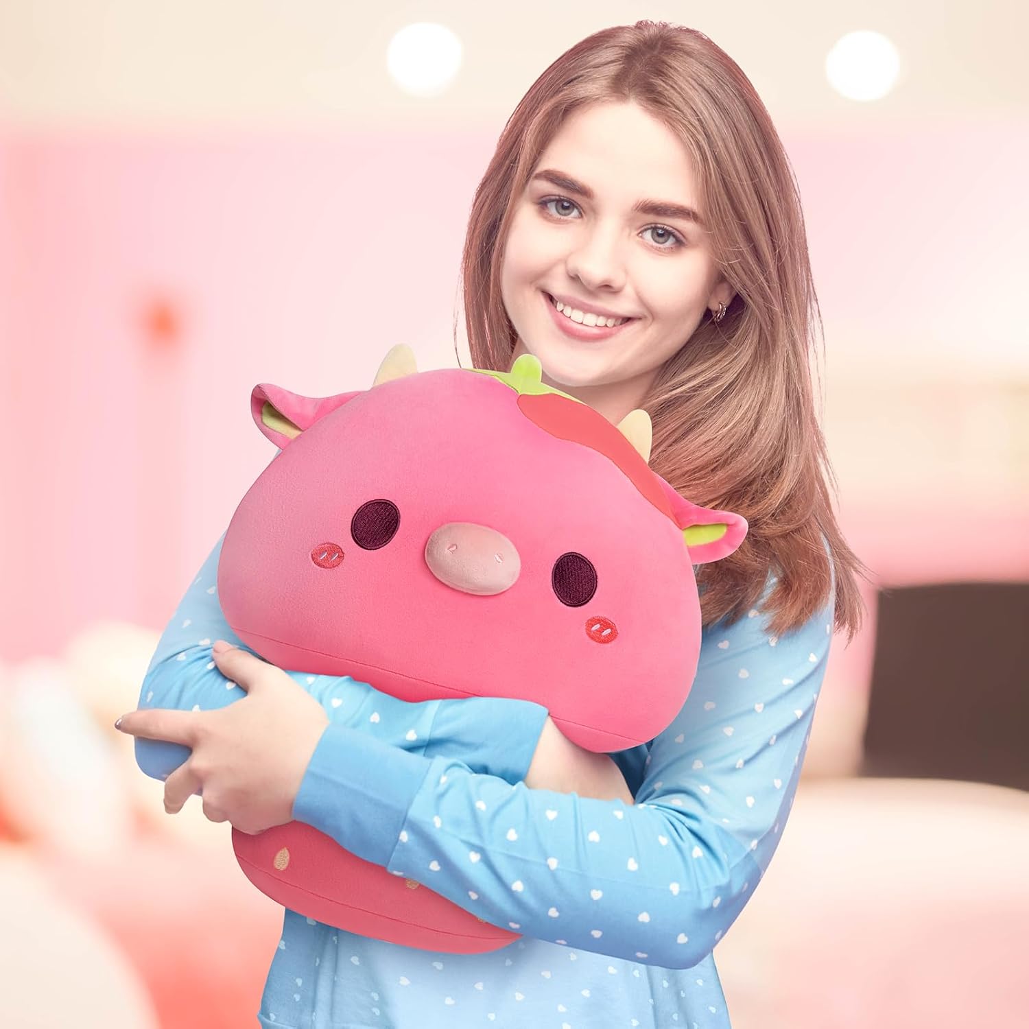 Almohada de peluche de vaca de fresa de 14 pulgadas, almohada suave de peluche, animales de peluche Kawaii de vaca fresa, lindos juguetes de