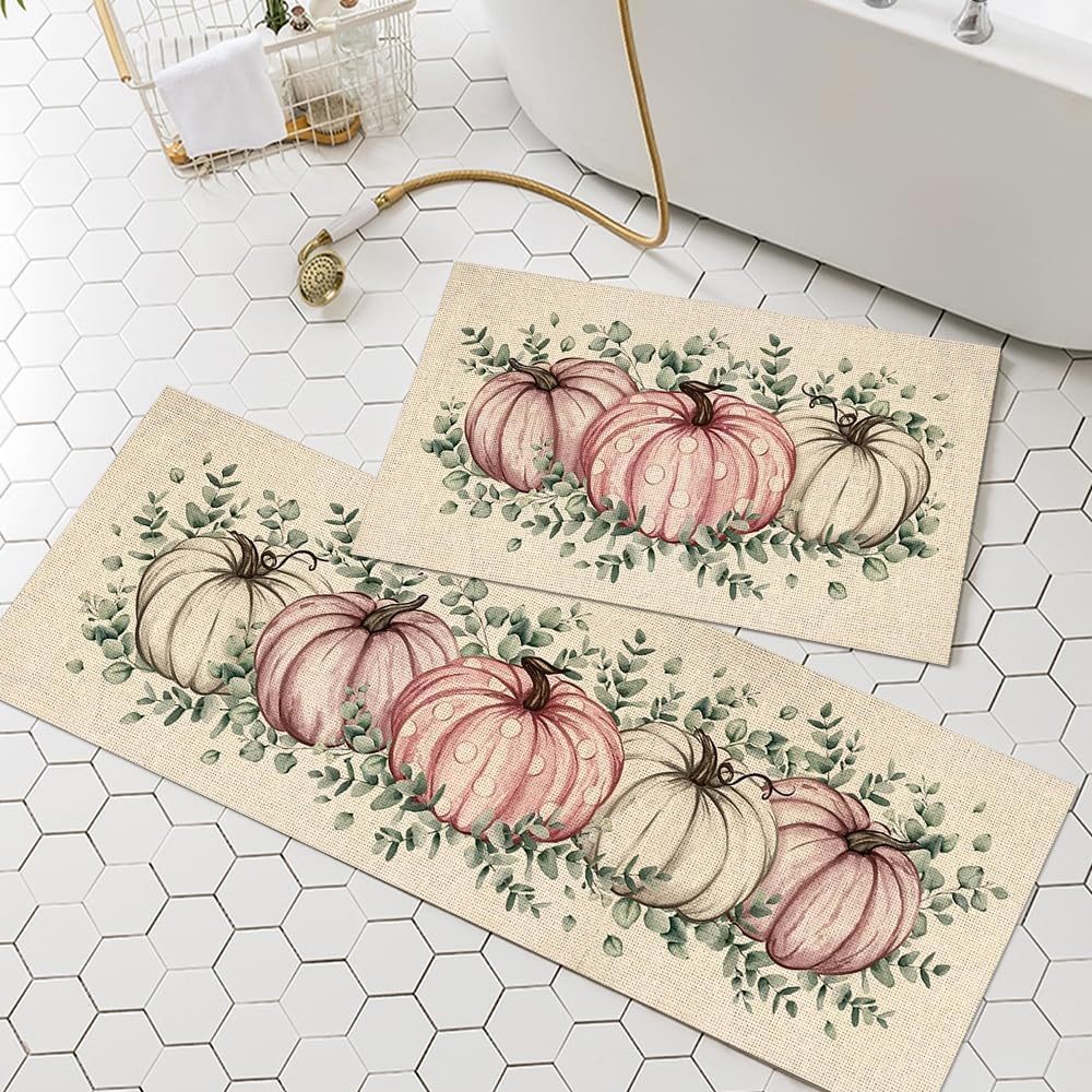 Alfombrillas de cocina antifatiga para piso, 2 unidades, alfombras de cocina de calabaza rosa y blanca, alfombra de granja suave antideslizante para