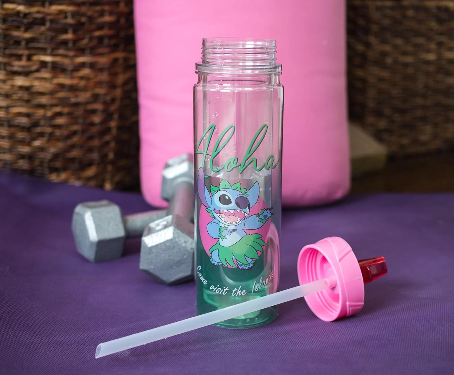 Silver Buffalo Lilo and Stitch Aloha – Botella de agua Tritan de doble pared  Botella de plástico sin BPA con tapa de rosca y tapa abatible con