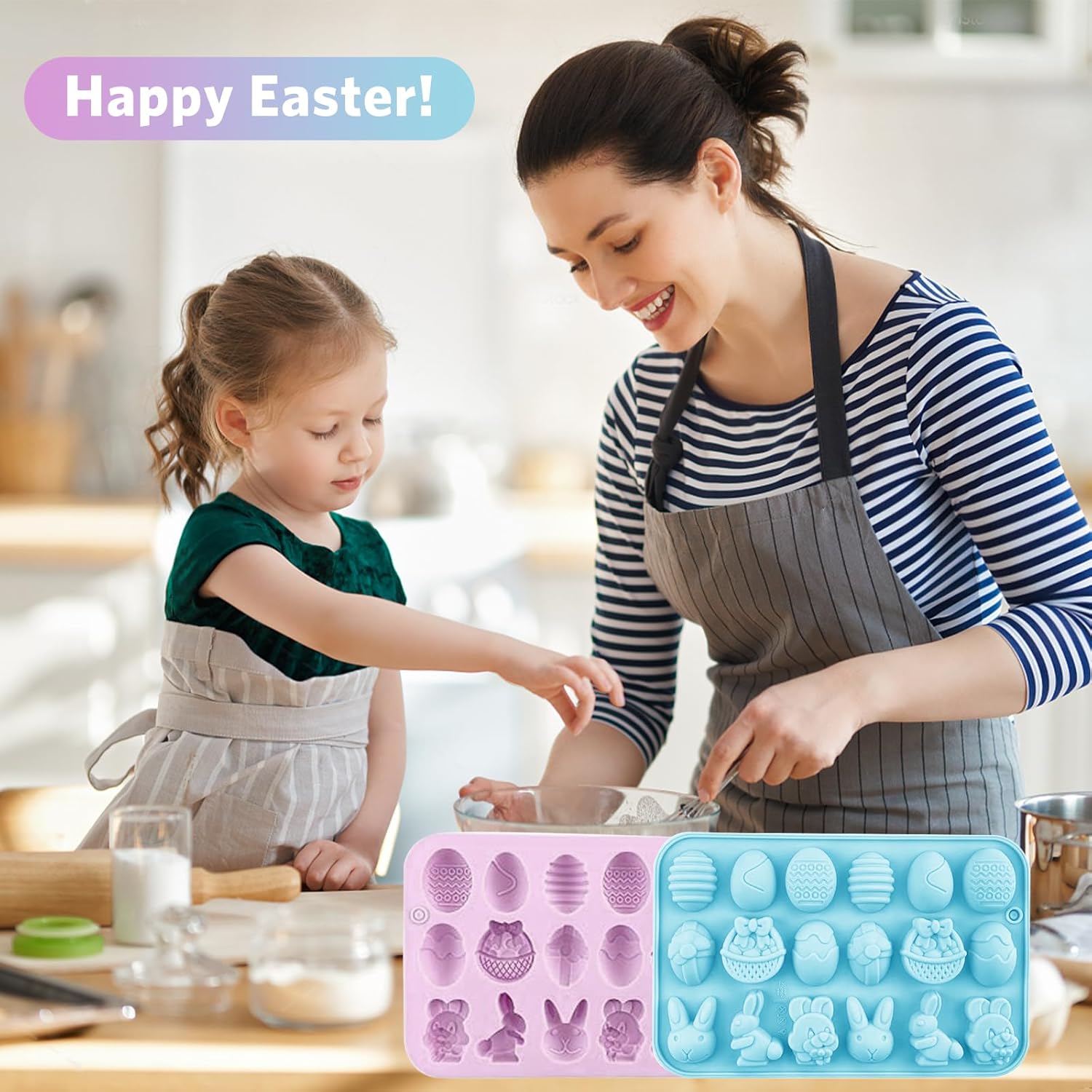 Moldes de chocolate de Pascua, 3 paquetes de moldes de silicona para huevos de Pascua, moldes de silicona para hornear no pegajosos de grado