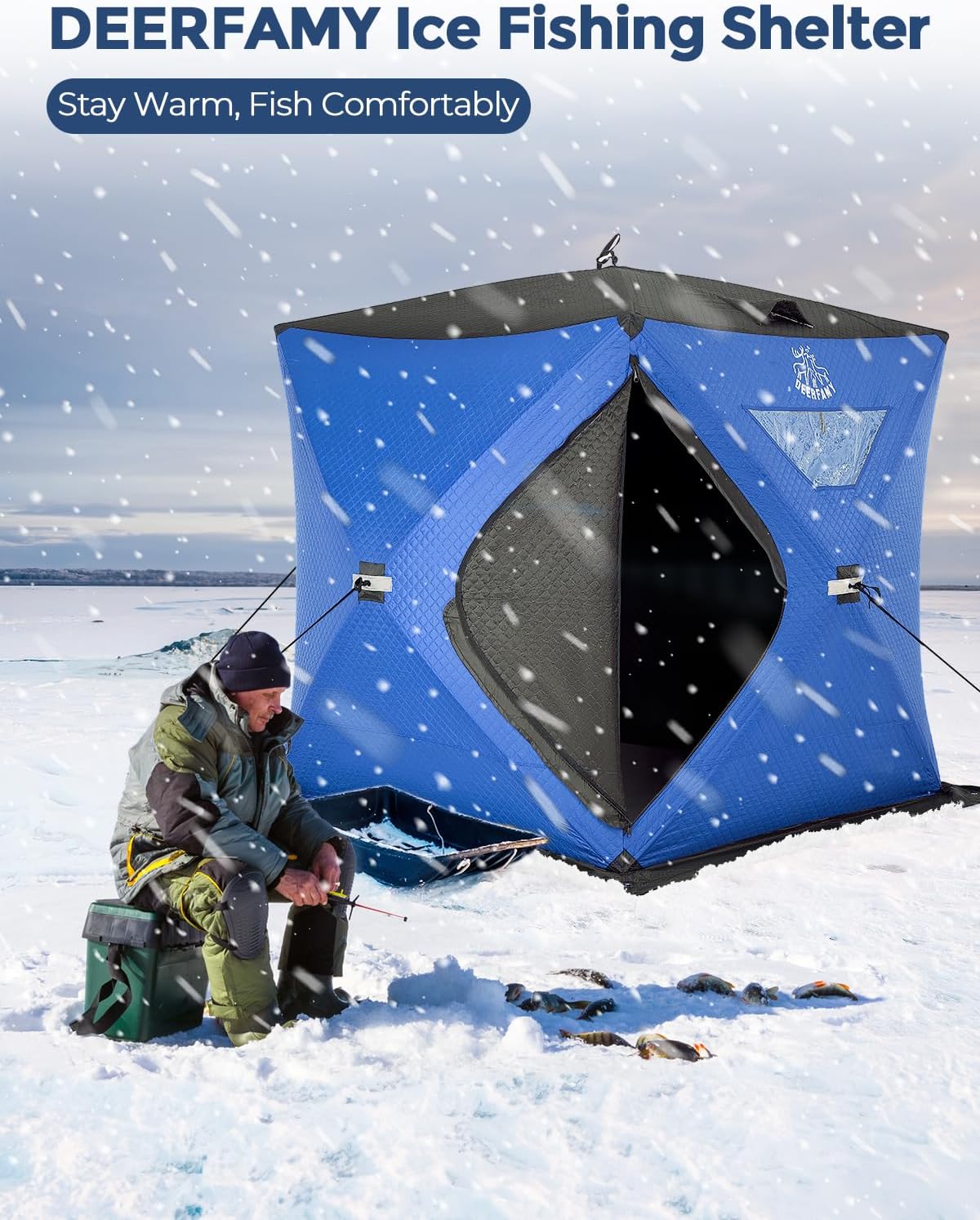 DEERFAMY Refugio de pesca en hielo de 3 capas relleno de algodón, 345678 personas, carpa de pesca en hielo, tienda de campaña aislada con bolsa de