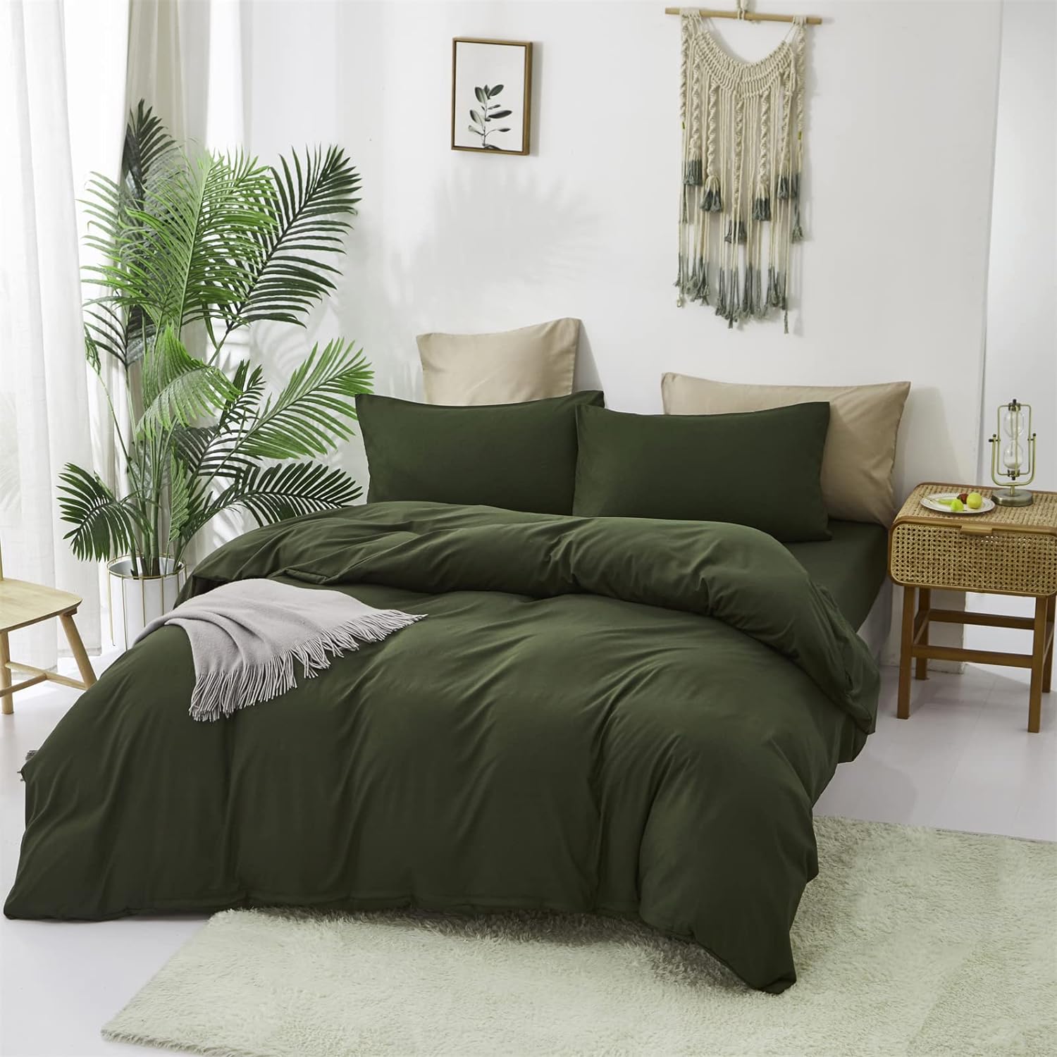 Cottonight – Juego de edredón verde militar tamaño California king, edredón unicolor moderno, suave y transpirable color verde oscuro, juego de 3