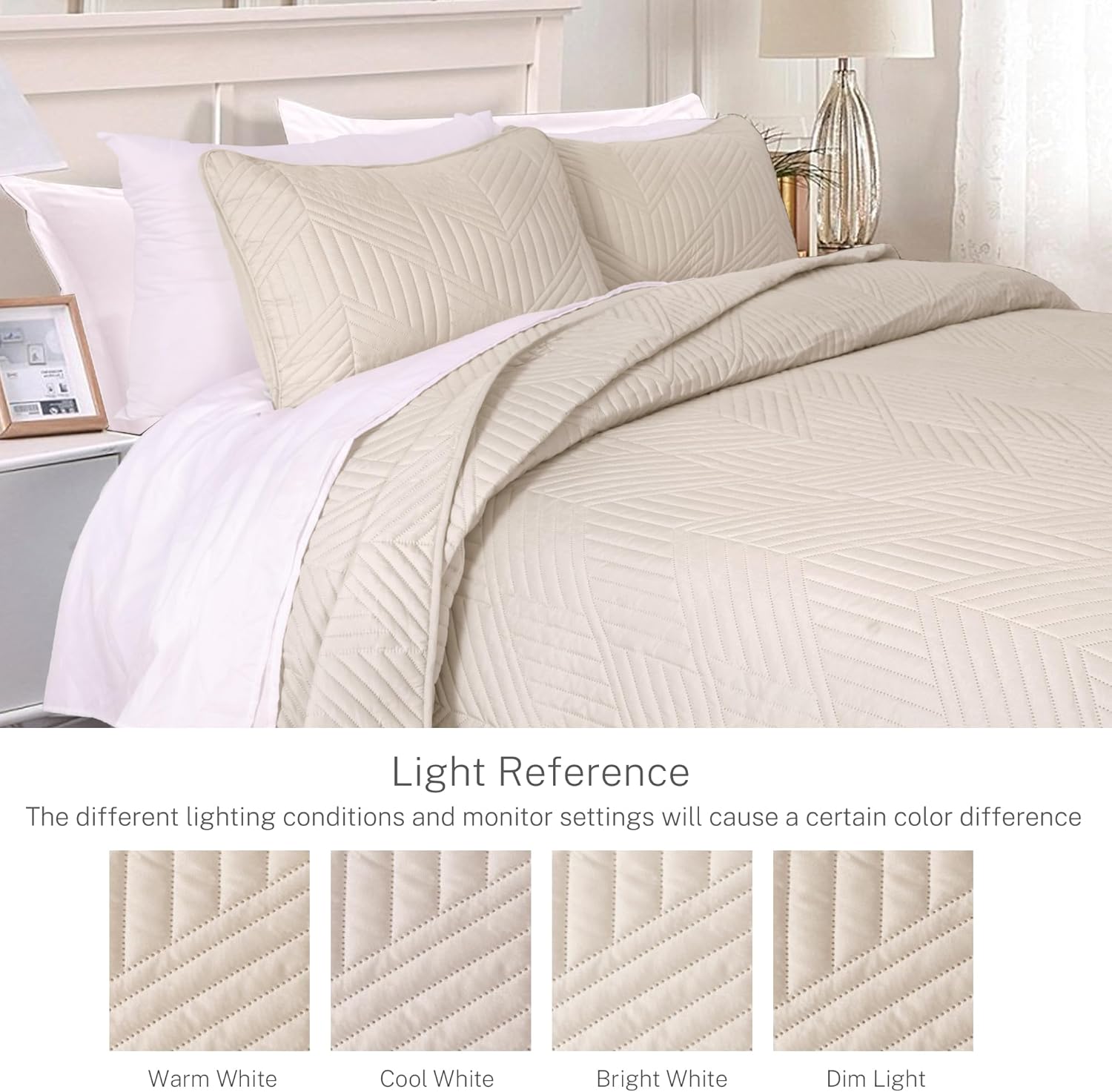 Exclusivo Mezcla Juego de ropa de cama ultrasónica tamaño King, cubrecama ligero beige Brich suave y moderno juego de colcha geométrica para todas