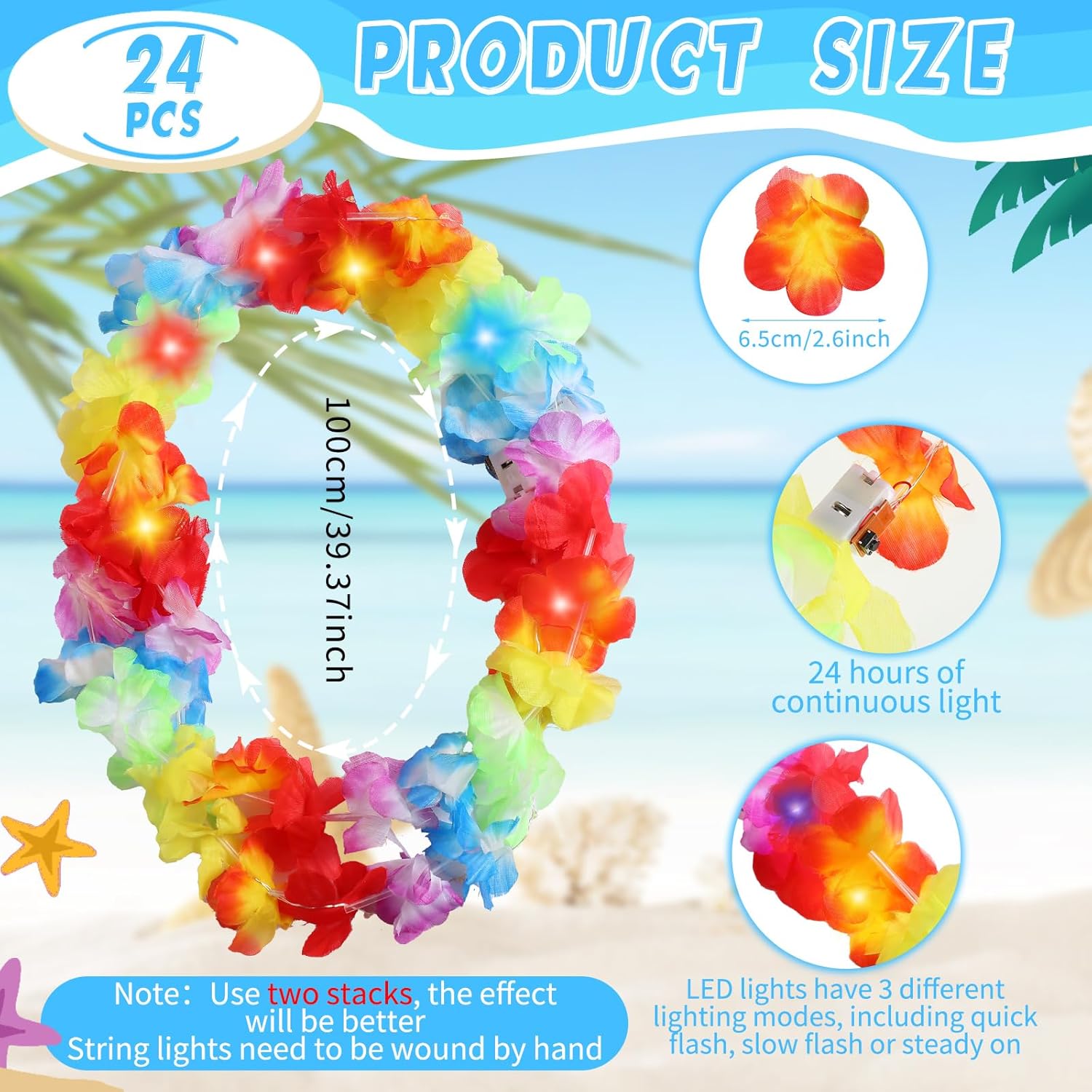 Sherr 24 piezas de Leis hawaiano con luz LED, collar de Leis hawaiano con luces LED, suministros de fiesta de carnaval tropical Luau Leis para