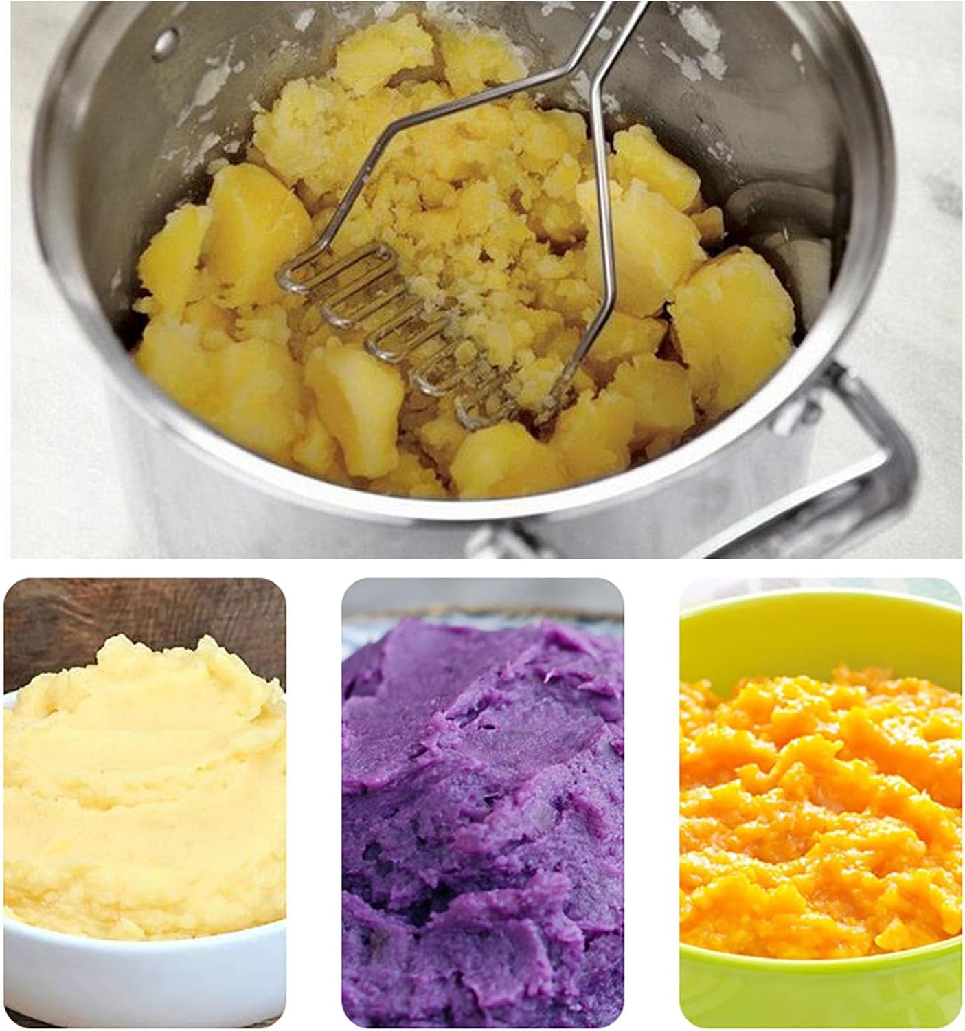 Paquete de 2 machacadores de patatas, de acero inoxidable, manual resistente, integrado, utensilios de cocina para patatas, aguacates, calabazas,