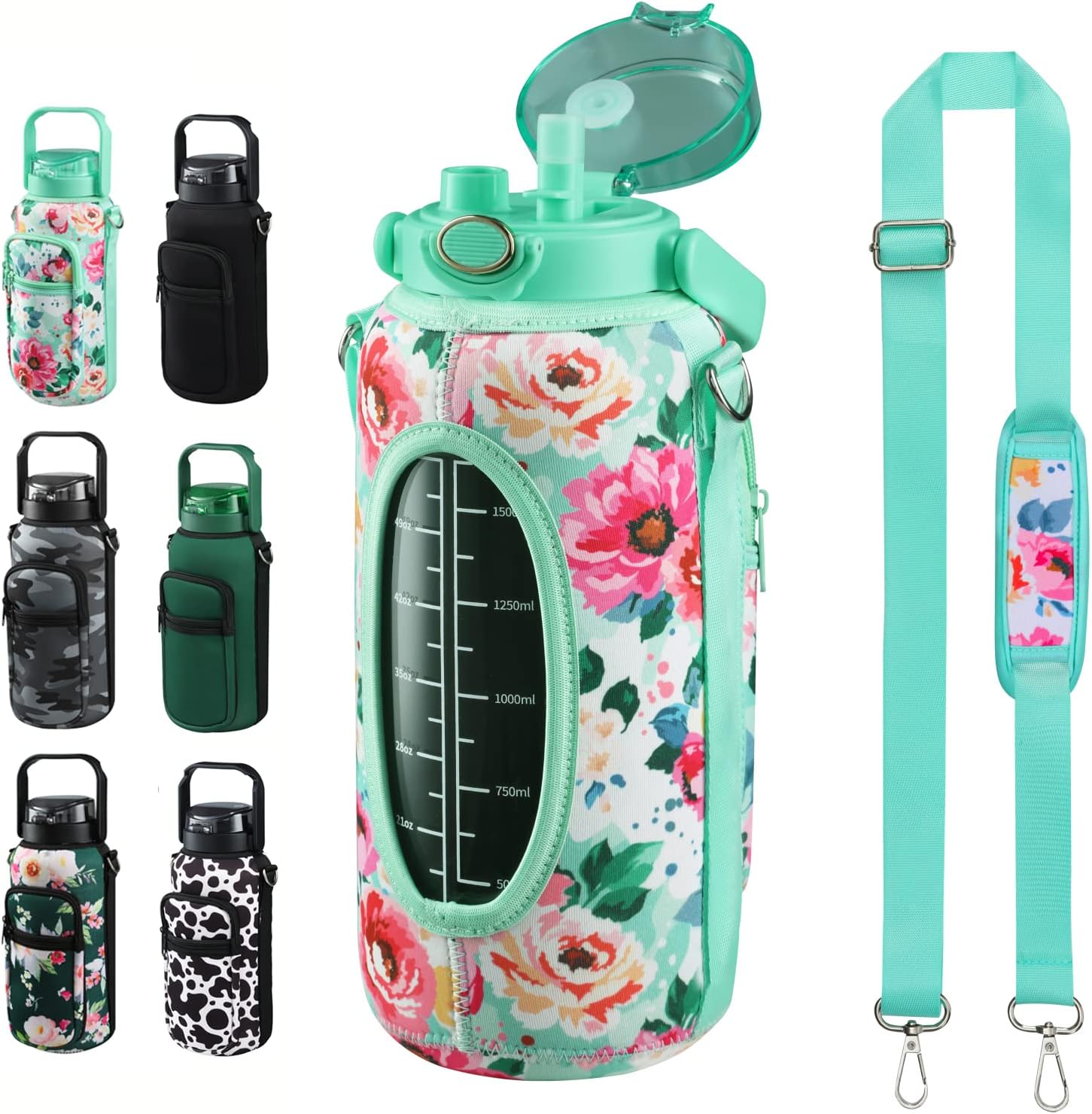 chunmo Botella de agua de vidrio de medio galón de 64 onzas con popote y funda de almacenamiento, botella de agua motivacional con correa y tiempo