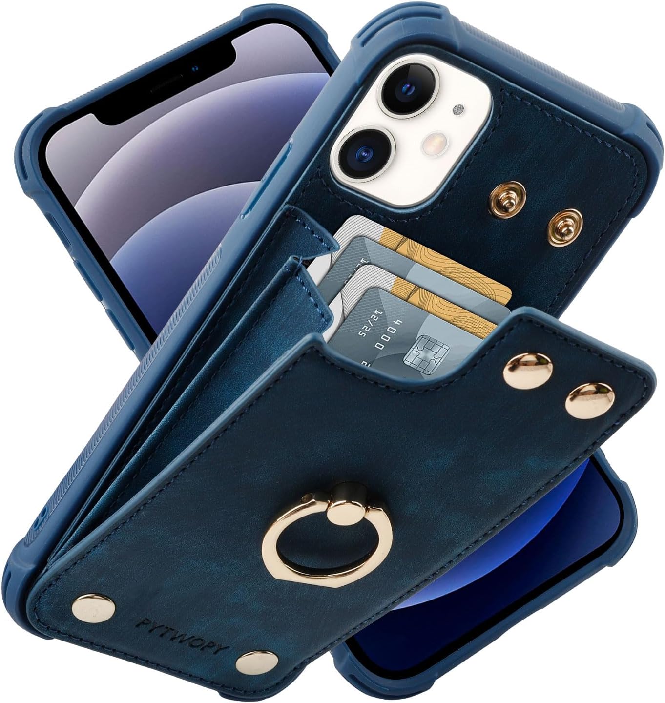 Funda tipo cartera para iPhone 12 Pro12 con tarjetero de crédito, funda protectora de cuero a prueba de golpes que soporta soporte de anillo de