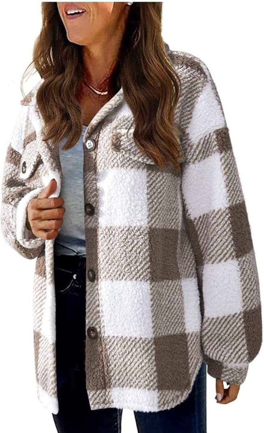 Chaqueta de franela a cuadros para mujer con bolsillos, para otoño e invierno, a la moda, casual, con botones, camisa de manga larga holgada