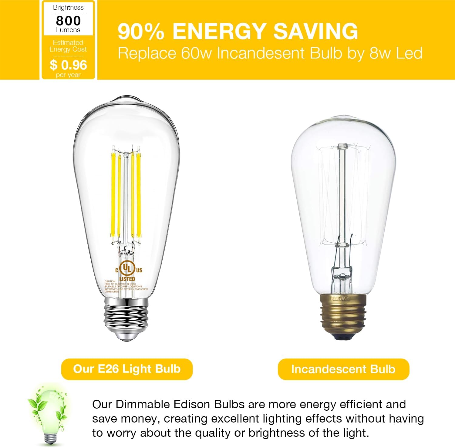 DAYBETTER Paquete de 4 bombillas LED Edison vintage, bombilla LED E26 equivalente a 60 W, bombillas LED regulables, alto brillo de 800 lúmenes, luz