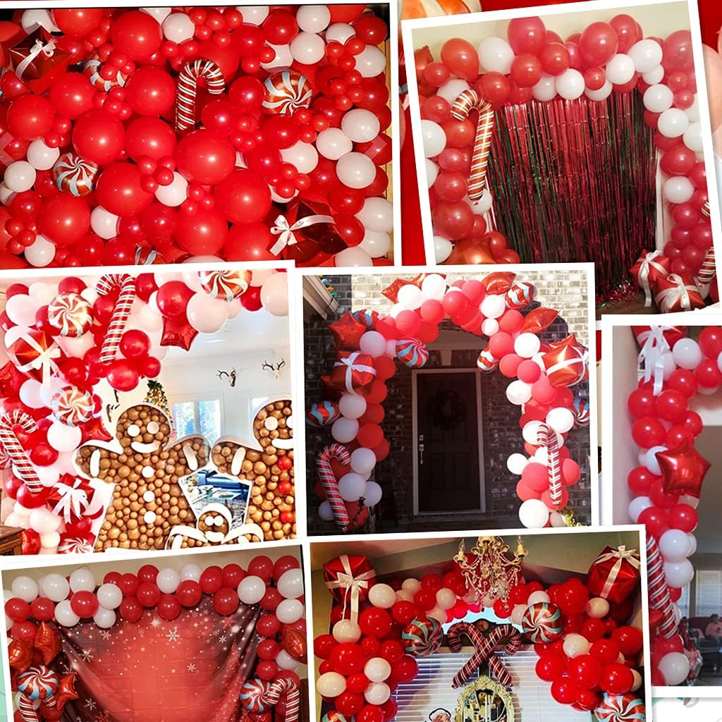 Kit de guirnalda de globos de bastón de caramelo de Navidad de 115 piezas para decoraciones de Navidad, globos de látex blanco y rojo con bastón de