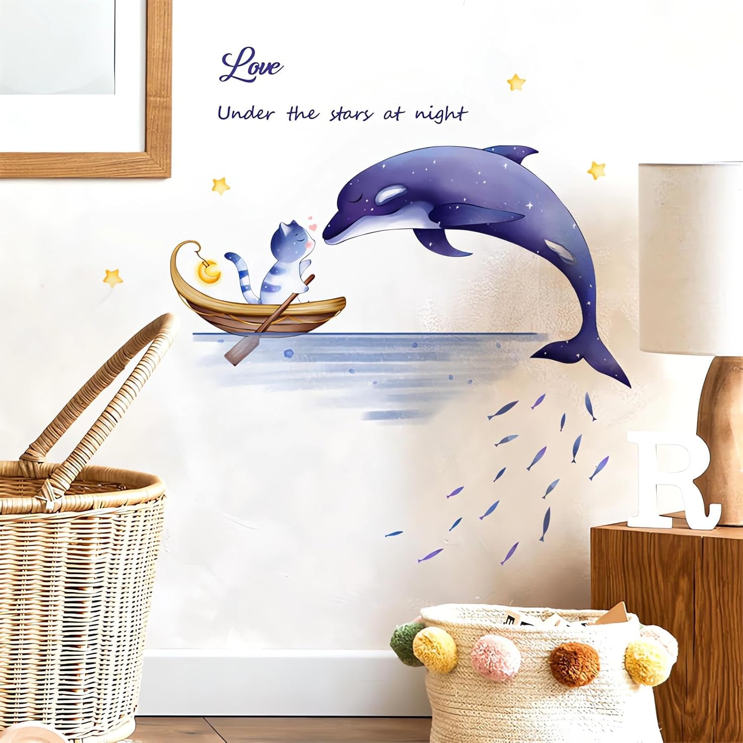 sacinora – Calcomanías de pared con diseño de delfín y gatito, calcomanías de pared de animales marinos morados, extraíbles para niños, bebés,