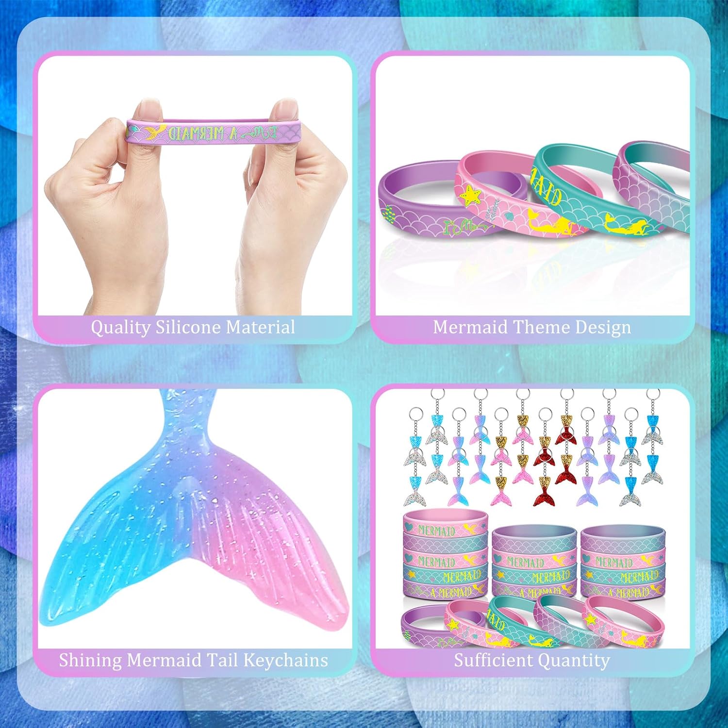 Aoriher Juego de 48 piezas de recuerdos de fiesta de sirena, 24 pulseras de silicona de sirena y 24 llaveros de cola de sirena con purpurina para