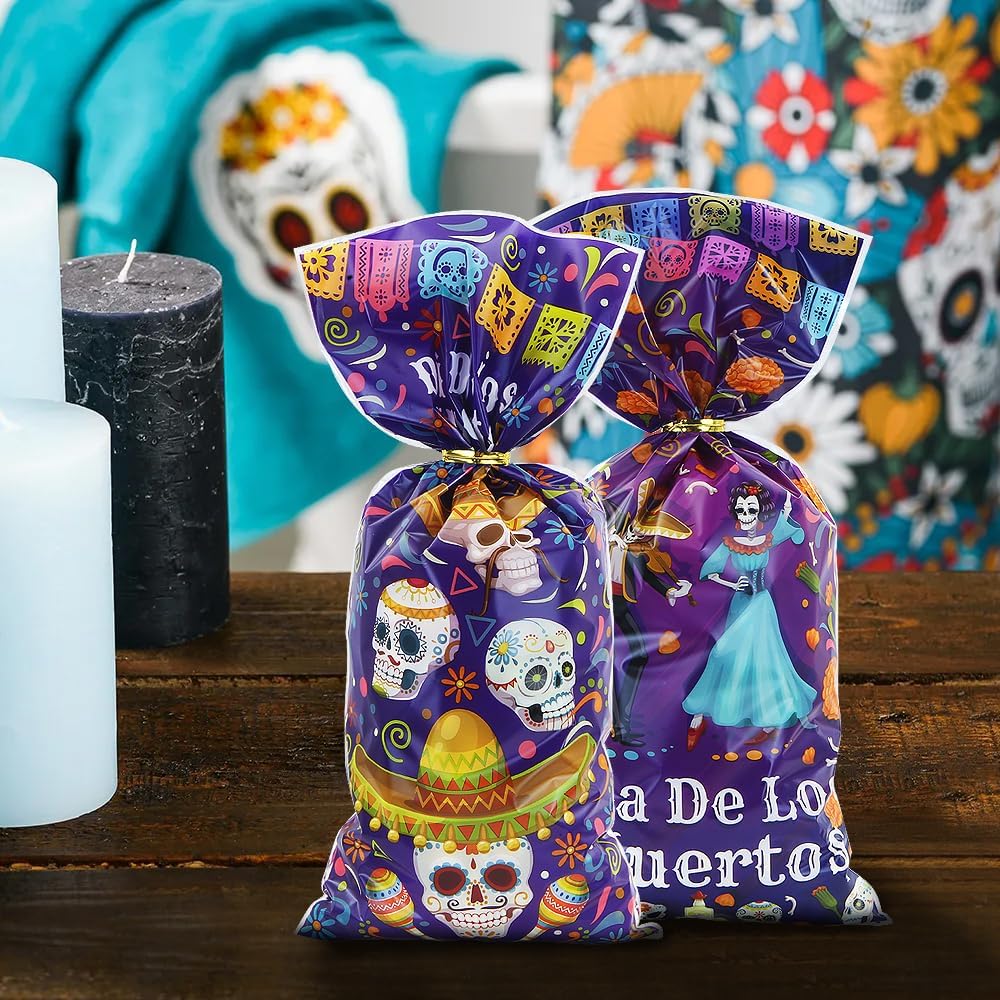 Day of the Dead – Bolsas de golosinas para dulces, 100 unidades Dia de Los Muertos, bolsas de golosinas mexicanas de 4 estilos de caléndula de