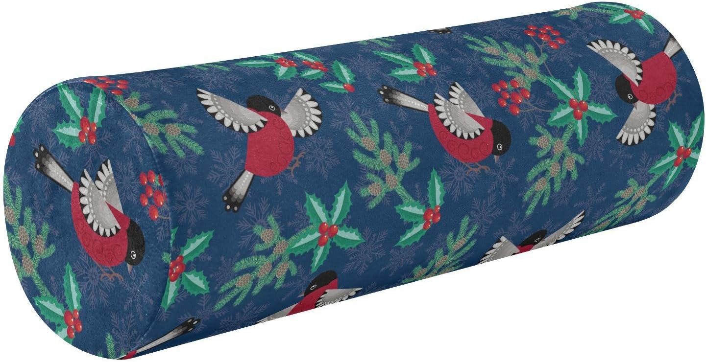 KLL Winter Birds Pattern Bolster Pillow Yoga Neck Roll Pillow Decorative Round Pillow Insert 17 Inch Memory Foam Cylinder Pillow Pillow with Neck