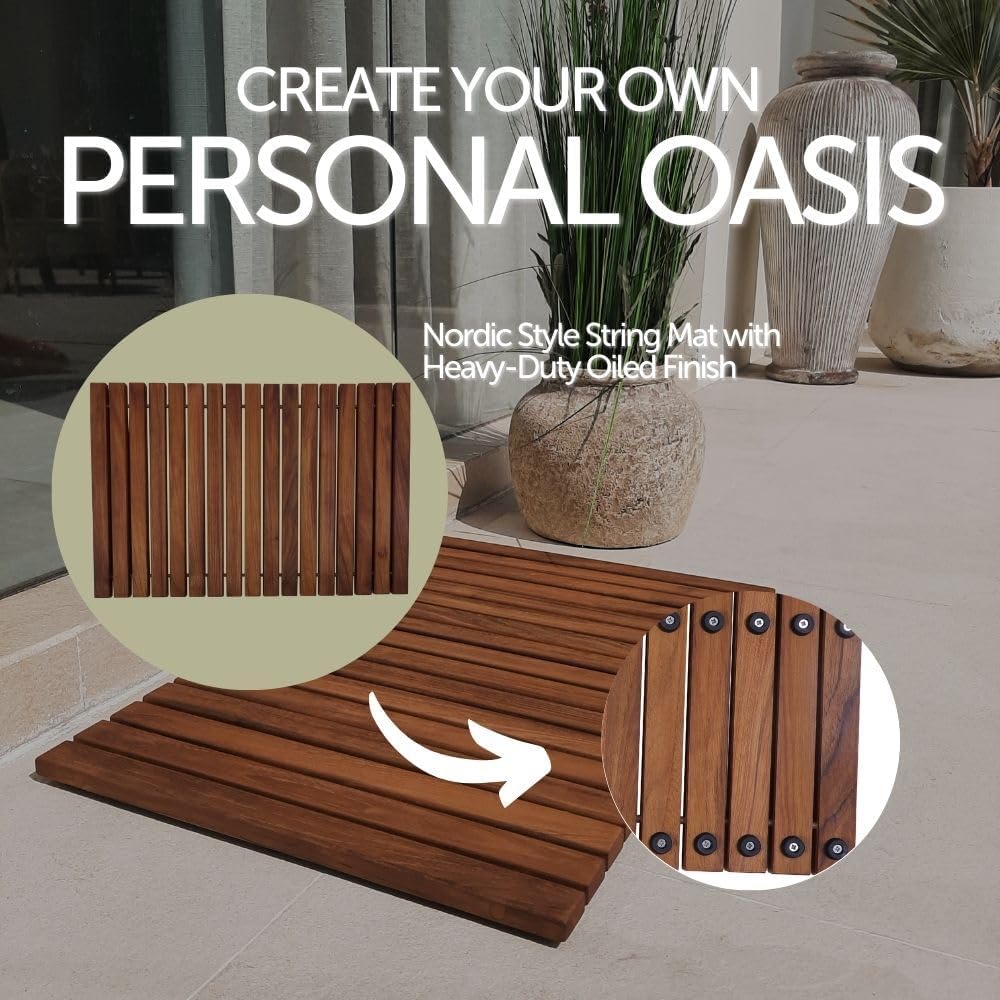 Nordic Style Teak Alfombra de ducha y baño, uso en interiores y exteriores, plataforma de madera antideslizante para sauna, piscina, decoración de