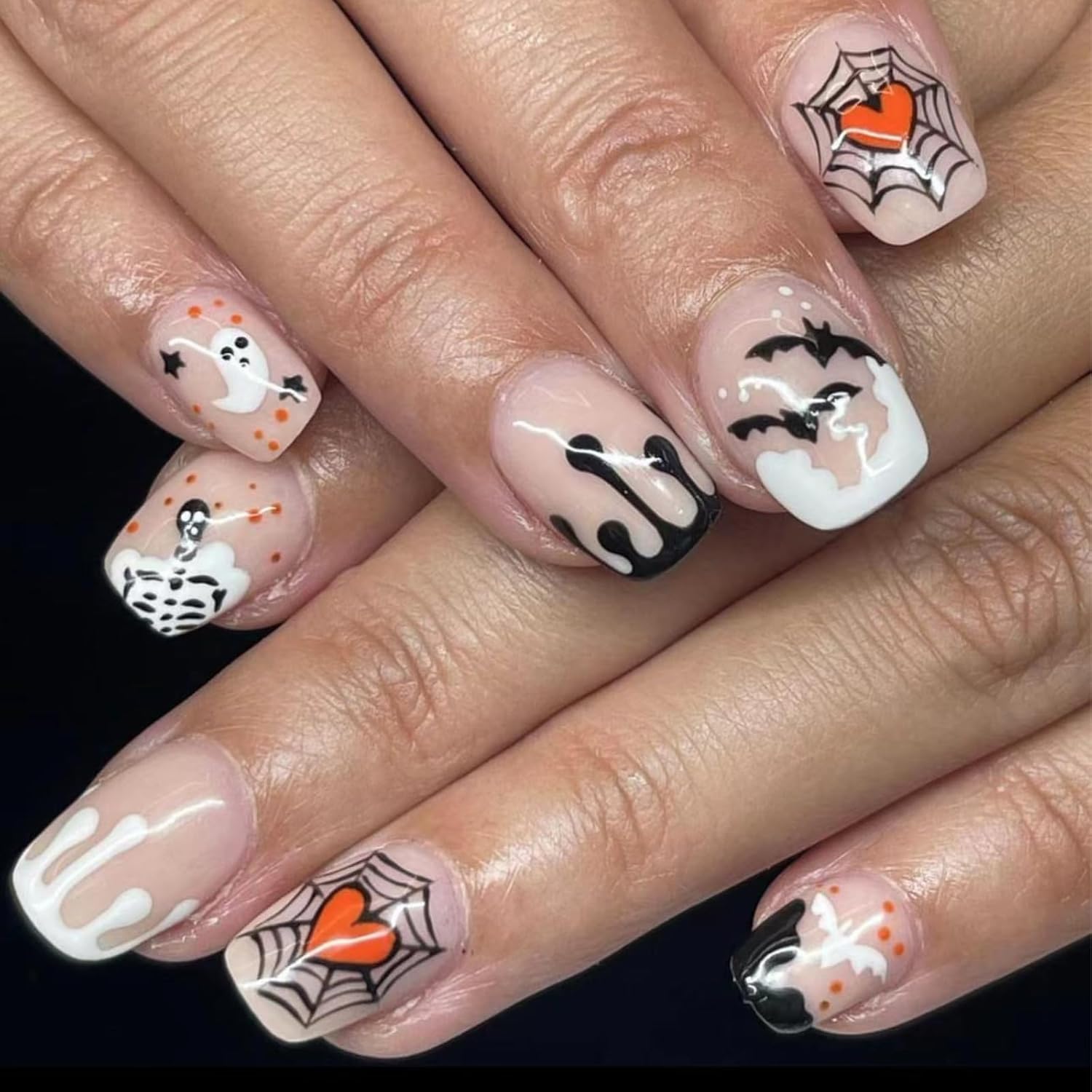 Uñas postizas a presión para Halloween, uñas postizas cuadradas cortas con punta francesa, color nude, cobertura completa, murciélagos fantasmas,