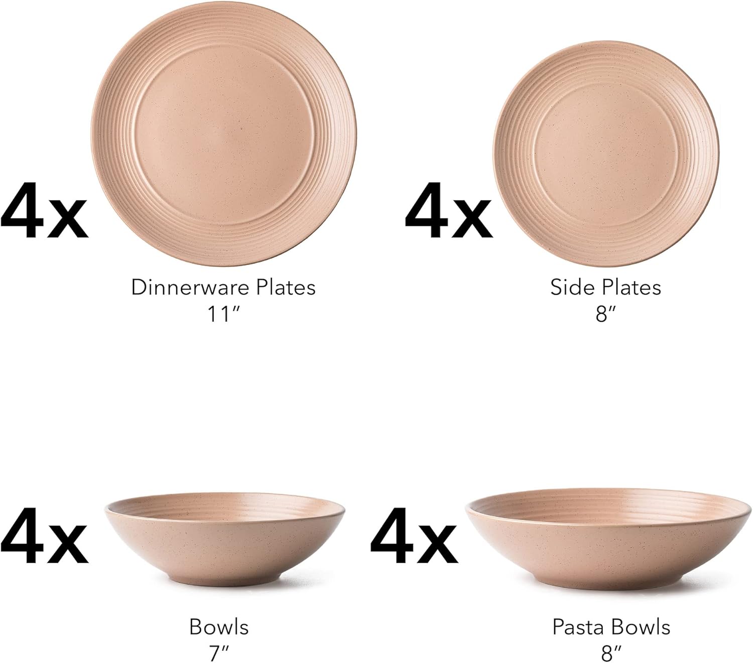 Arora RINGAR – Juego de vajilla redonda de cerámica de 16 piezas para 4, platos llanos, platos laterales, cuencos para cereales, cuencos para pasta,