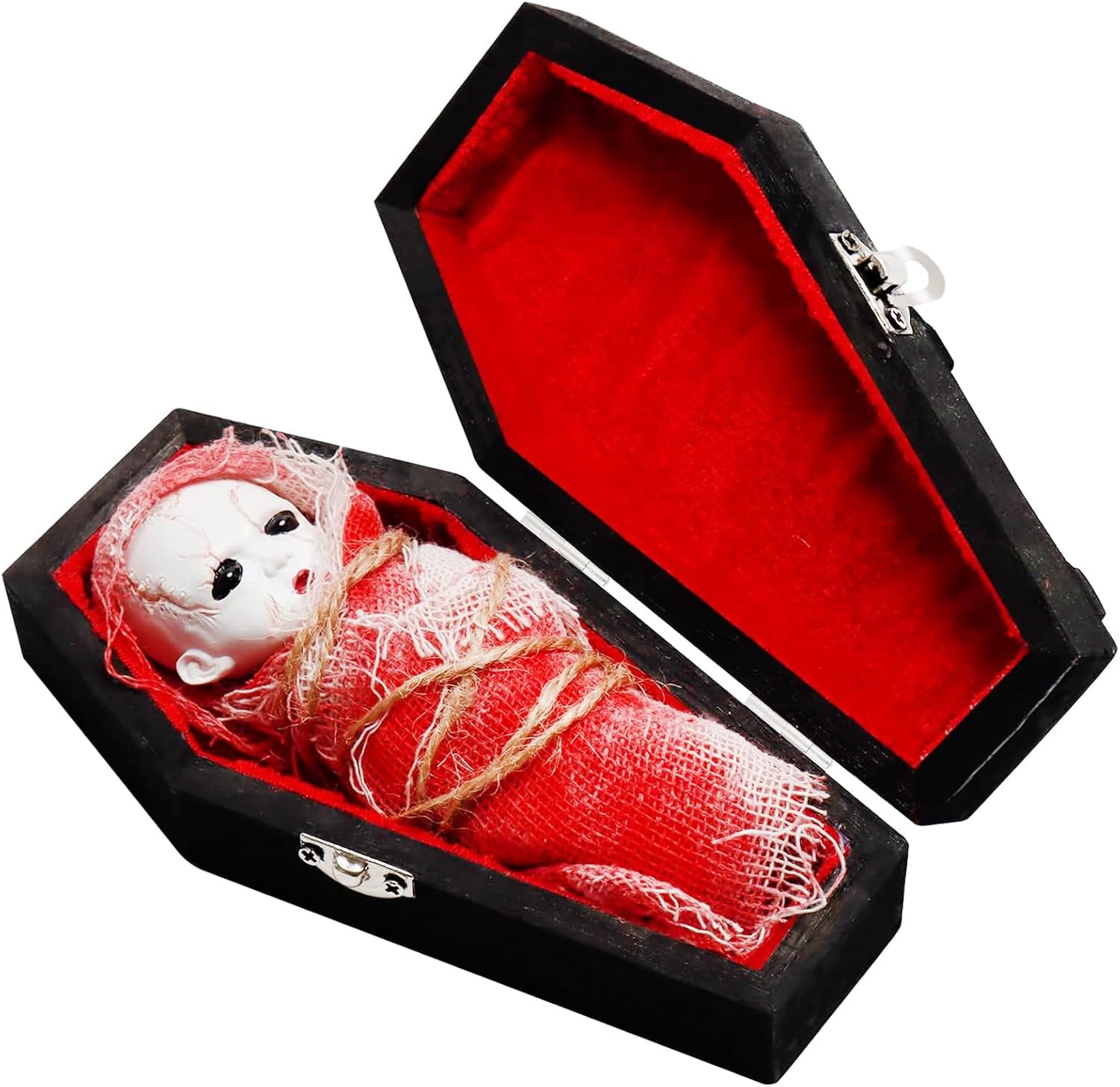 Decoración de Halloween esencial ataúd de madera pintada en negro, mini caja de ataúd de vampiro, muñeca fantasma, kit de bricolaje para crear tu