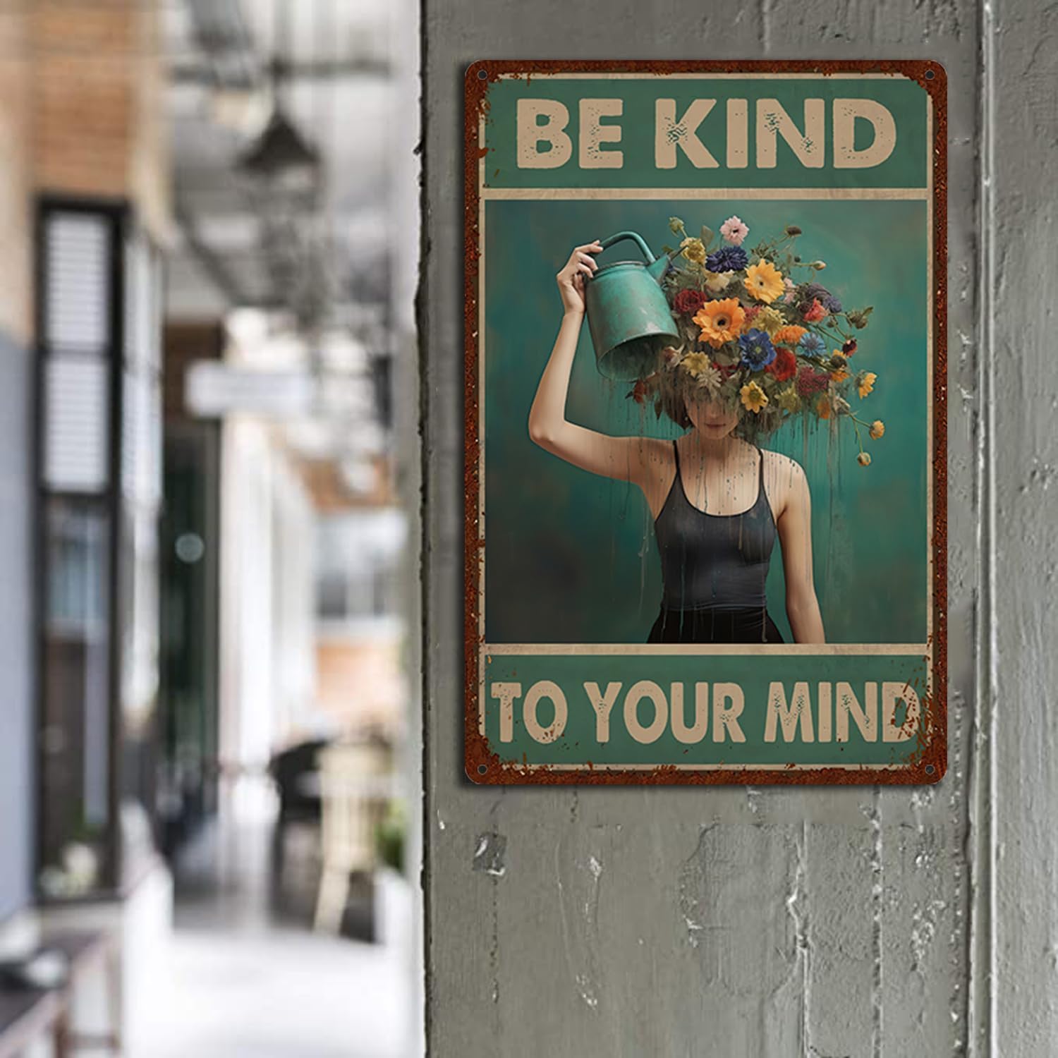 Letrero de hojalata vintage con texto en inglés Be Kind to Your Mind, letrero de metal retro para decoración de pared para amantes de las plantas de