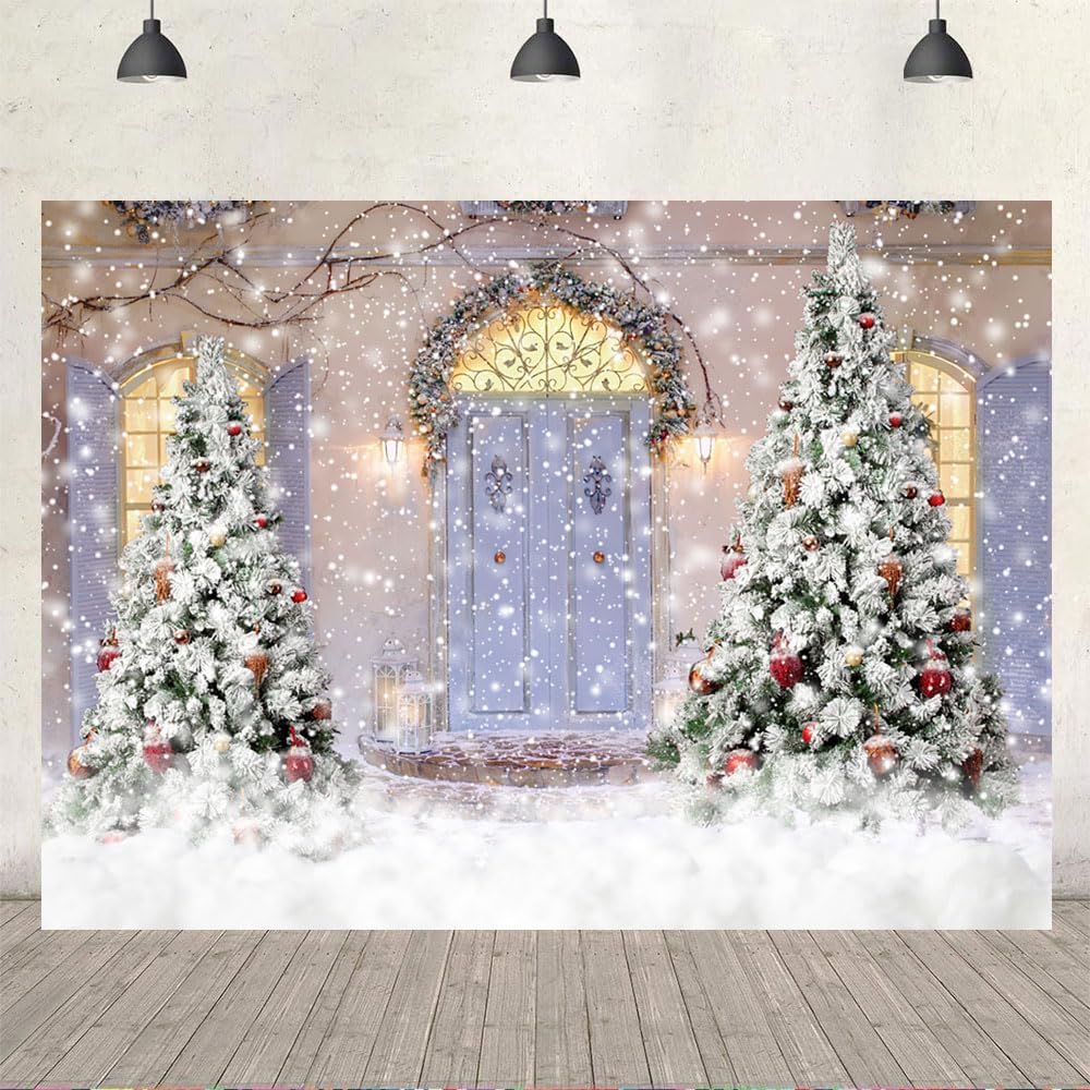Ticuenicoa Telón de fondo de Navidad de invierno de 7 x 5 pies con purpurina, escena de nieve, puerta de castillo, decoración de árbol de Navidad,