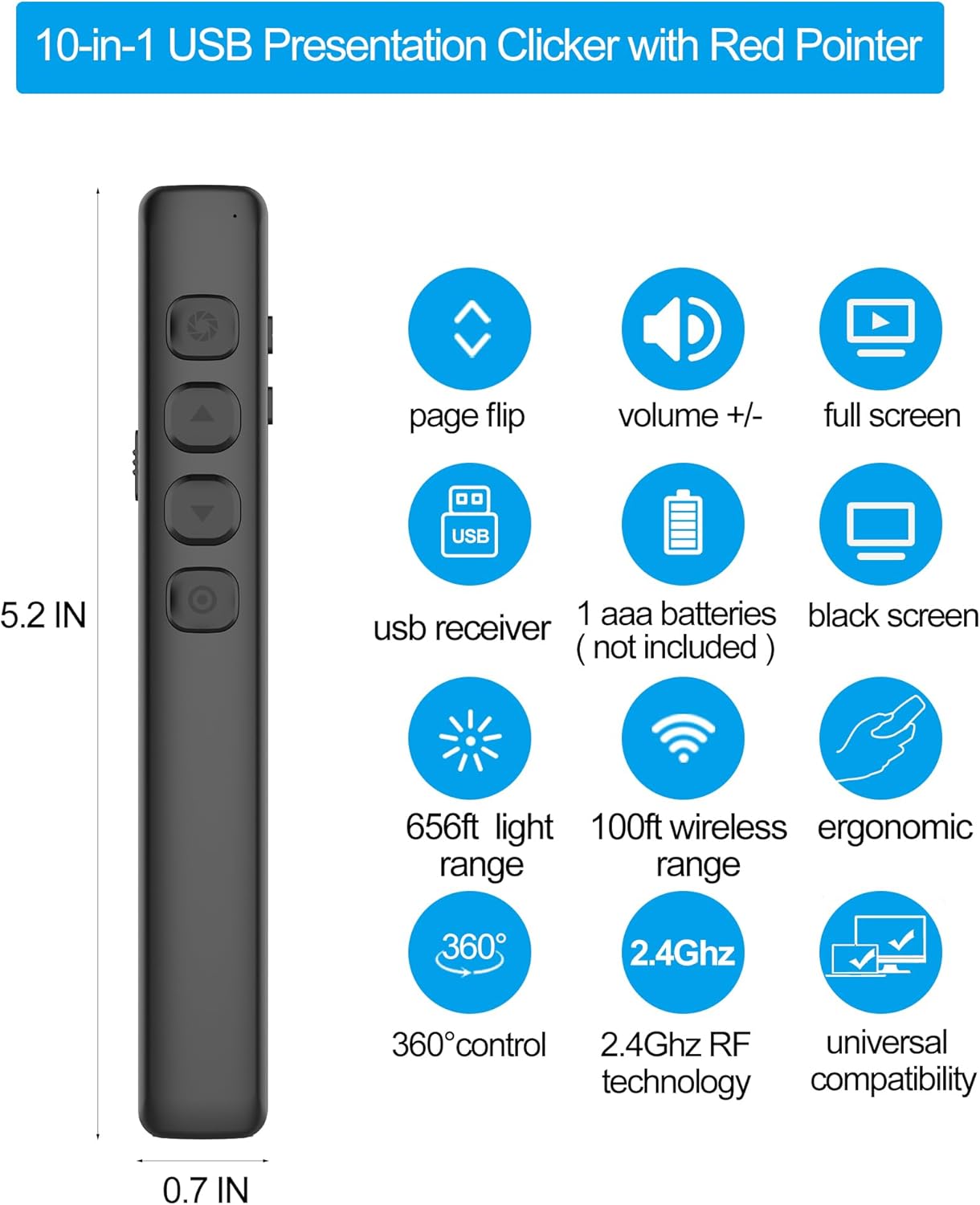 Clicker de presentación remota de PowerPoint – Clicker de presentador inalámbrico con puntero y USB – PPT Slide Advancer