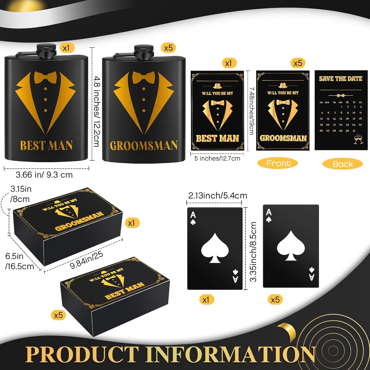 Nosiny Juego de 30 cajas de regalo para padrinos de boda, incluye 6 padrinos de boda, 6 abrebotellas de tarjetas, 6 vasos de chupito, 6 cajas de