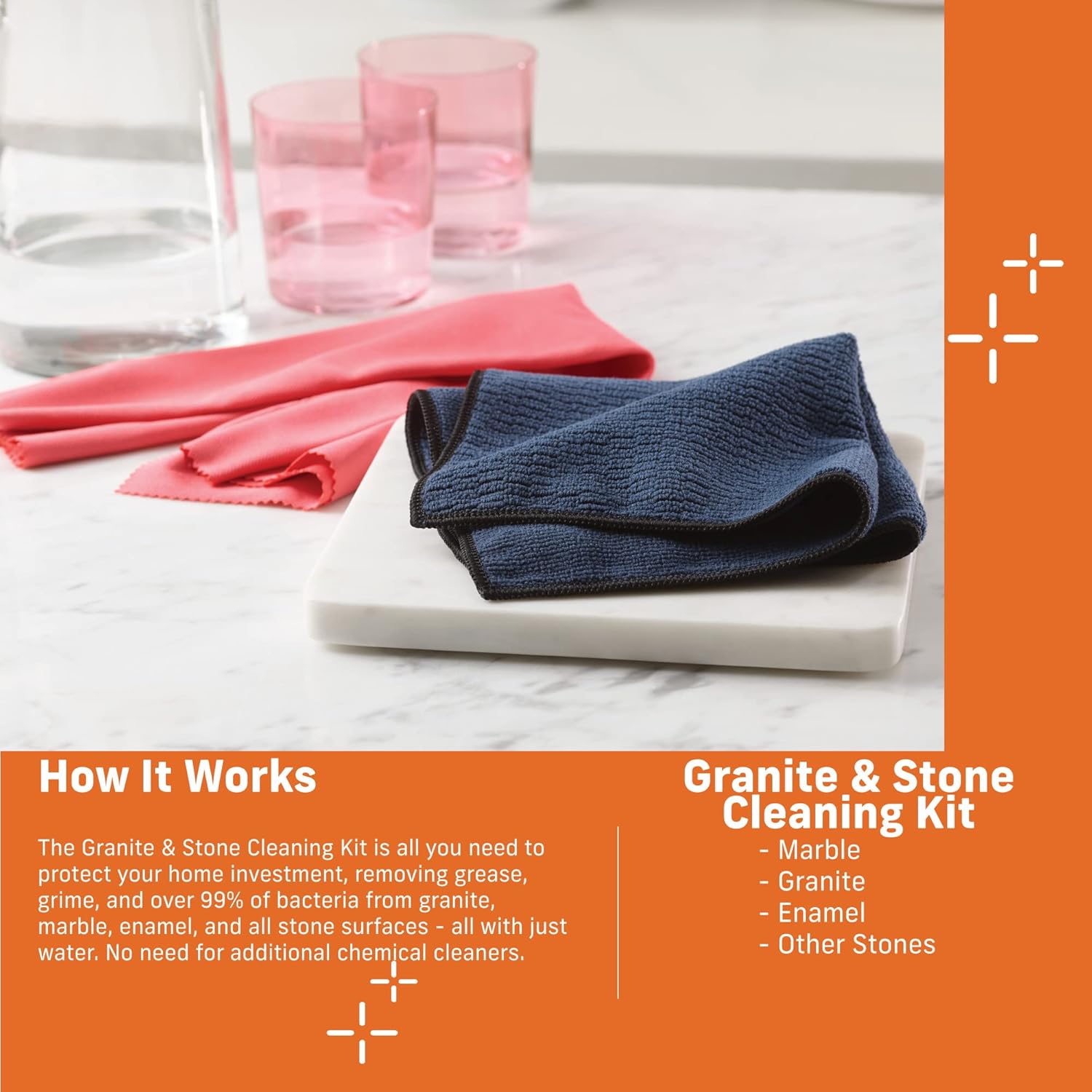 E-Cloth Kit de limpieza de granito y piedra, paño de limpieza de microfibra premium, limpiador y esmalte ideal para encimeras de granito, mármol y