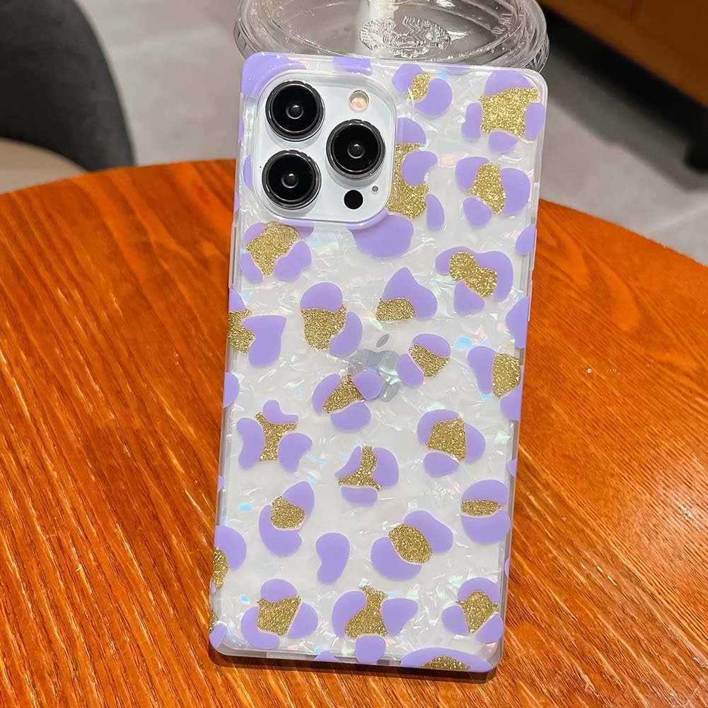 KERZZIL Funda de lujo con diseño de leopardo y perla para iPhone 13 Pro de 6.1 pulgadas, con borde cuadrado, bonito polvo dorado dorado brillante
