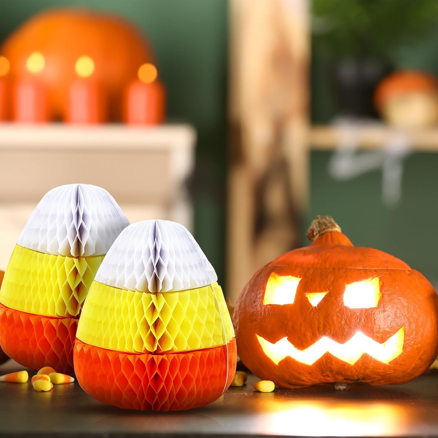 Sumind 6 piezas de decoración de nido de abeja para fiesta de Halloween, lindo centro de mesa de maíz de caramelo, adornos de Halloween, decoración