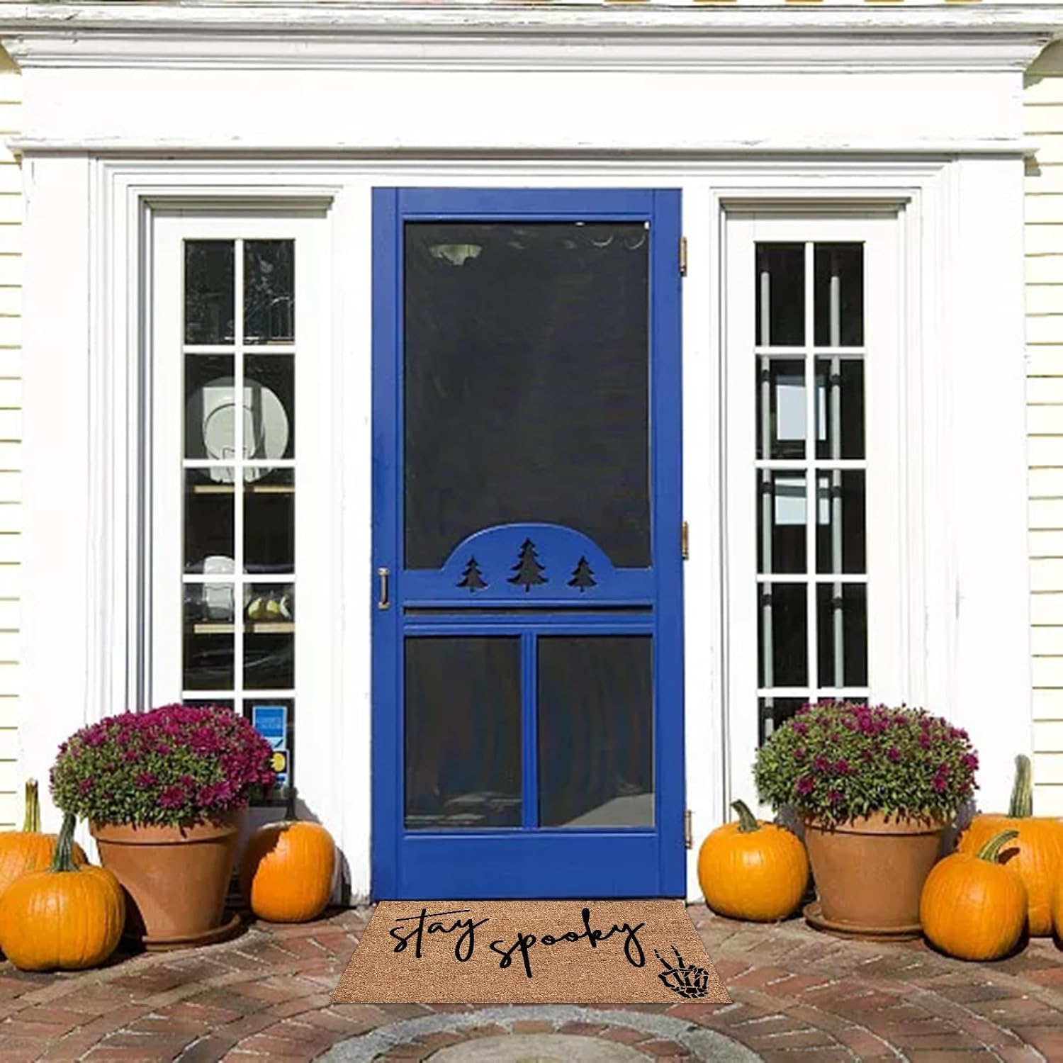 Tapetes de Halloween para puerta de entrada con diseño de fantasma de Halloween y fibra de coco con estampado de Hey Boo Happy Halloween Witch Bat,