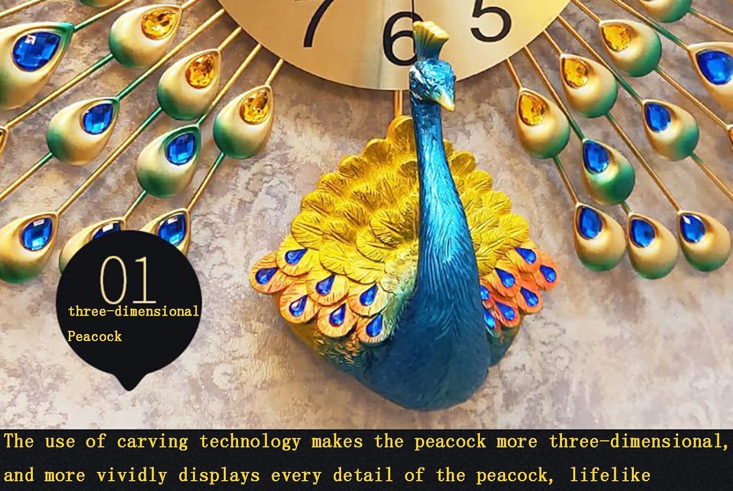 Reloj de pared grande de pavo real con diamantes de cristal, esfera de arte moderno, reloj de pared silencioso de cristal 3D, aguja de metal,
