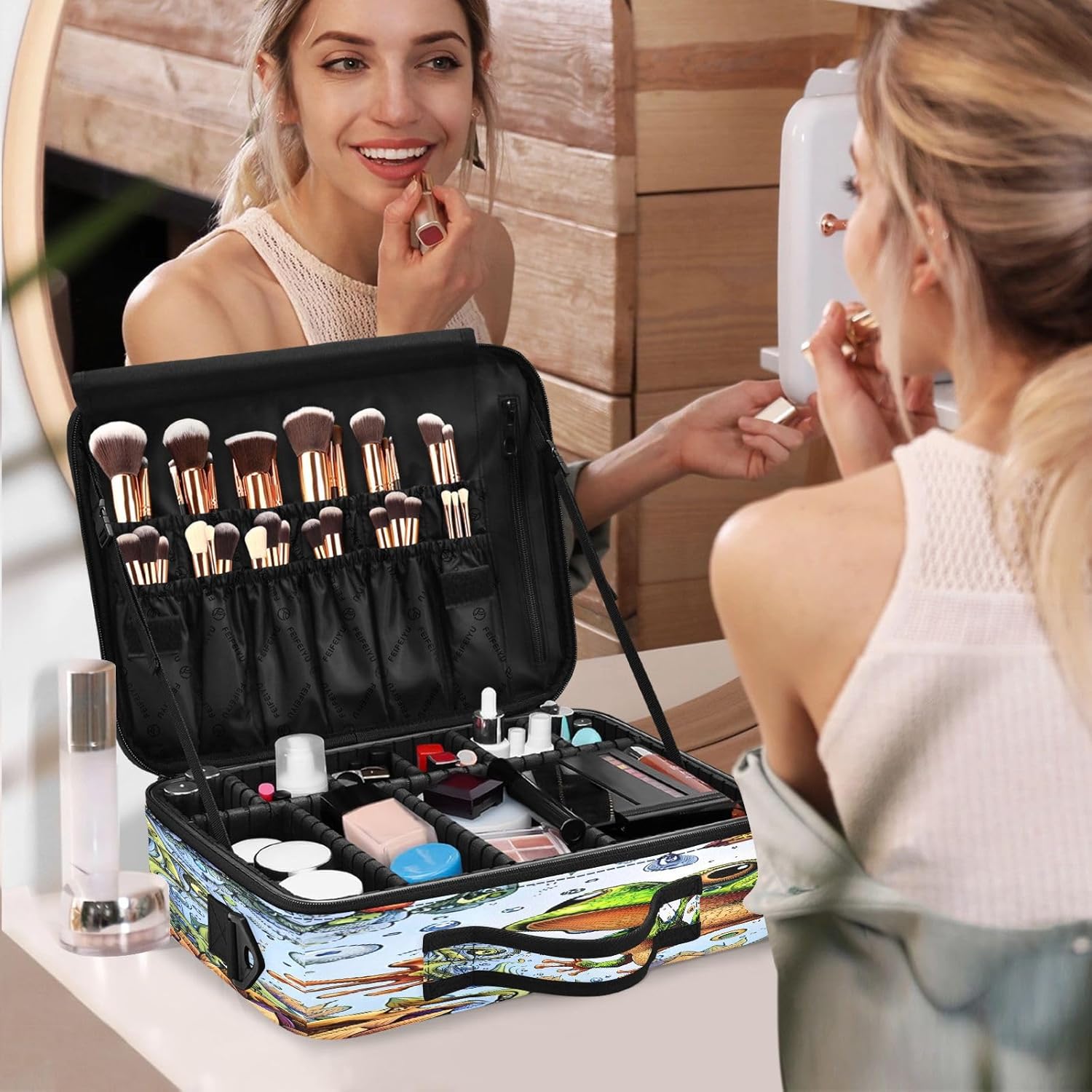 Fantasy Green Frog Butterfly and Flower makeup bag travel cosmetic toiletry bag travel make up bag women makeup bag with dividers neceser para