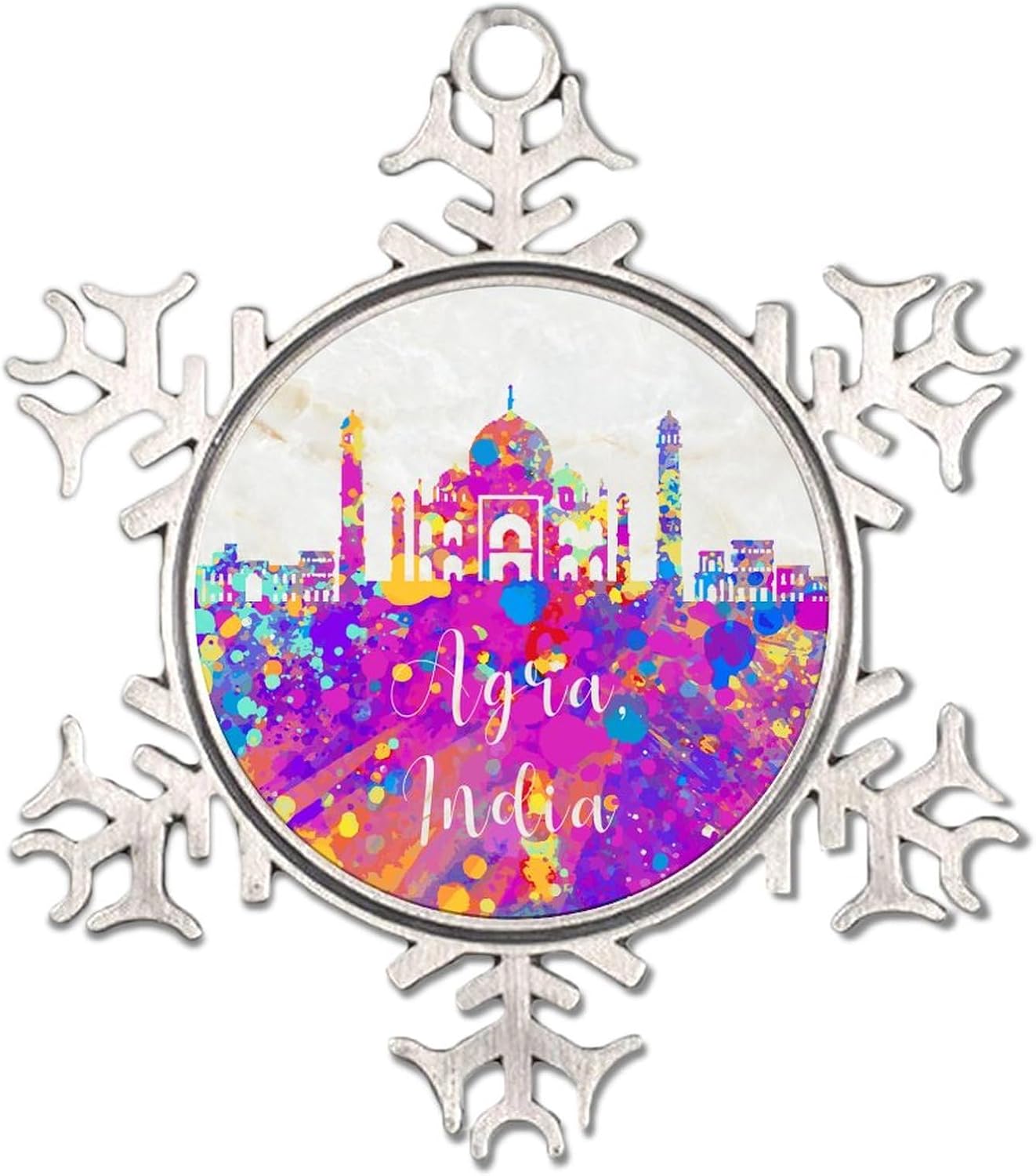 India Agra – Adornos de copo de nieve blanco con orgullo estatal, adorno patriótico de copo de nieve de metal, decoración de árbol de Navidad,
