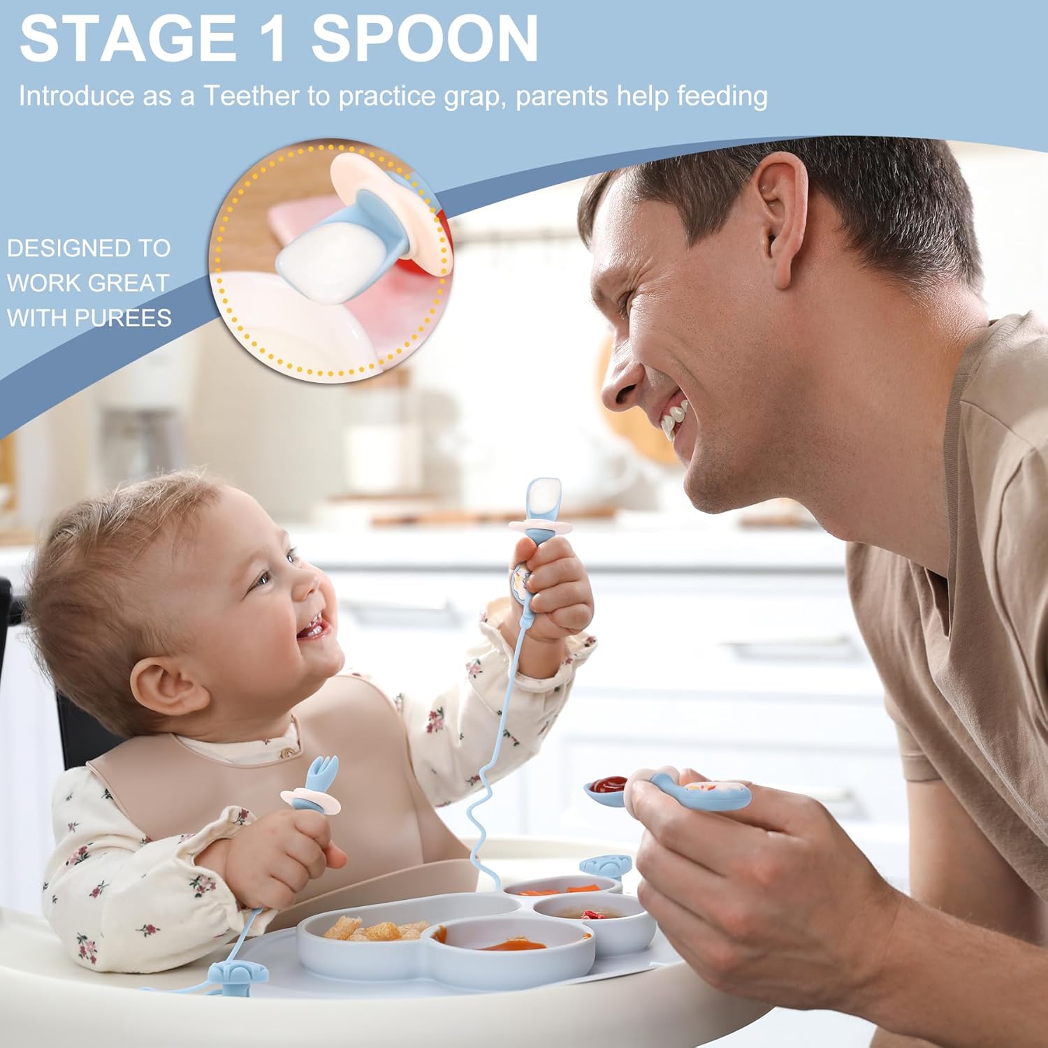Paquete de 3 utensilios para bebé, cucharas de destete LED para bebés, cuchara y tenedor de silicona con succión, utensilios de autoalimentación