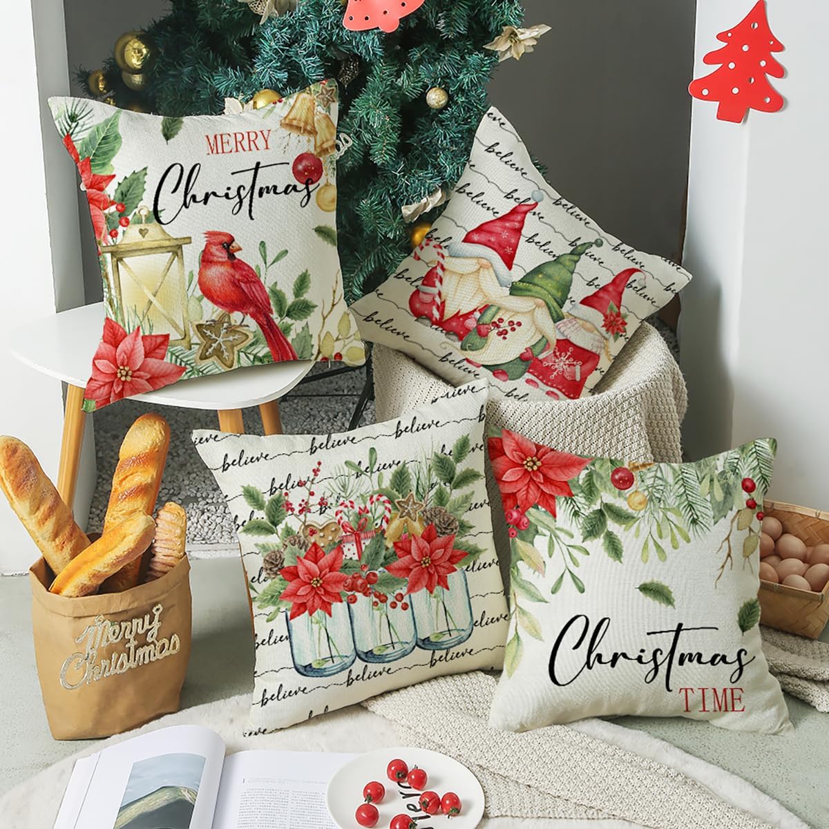 Juego de 4 fundas de almohada navideñas de 18 x 18 pulgadas, fundas de cojín para decoración de vacaciones de invierno para sofá, sala de estar y