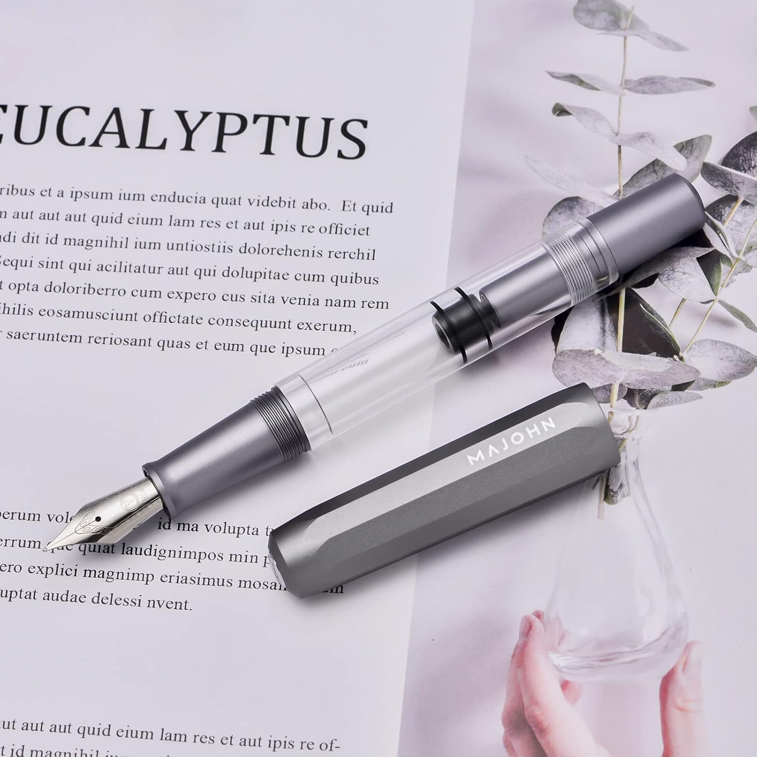 Pluma estilográfica de pistón T1, punta fina, caja de pluma de escritura de gran capacidad de tinta de acrílico transparente de aluminio gris
