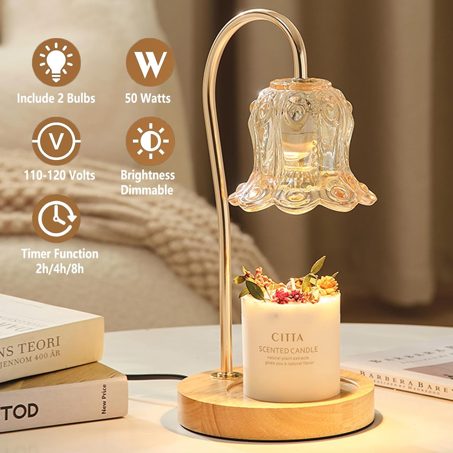 Lily of The Valley – Lámpara calentadora de velas con forma de flor ámbar, regulable con temporizador, calentador de cera para velas perfumadas para